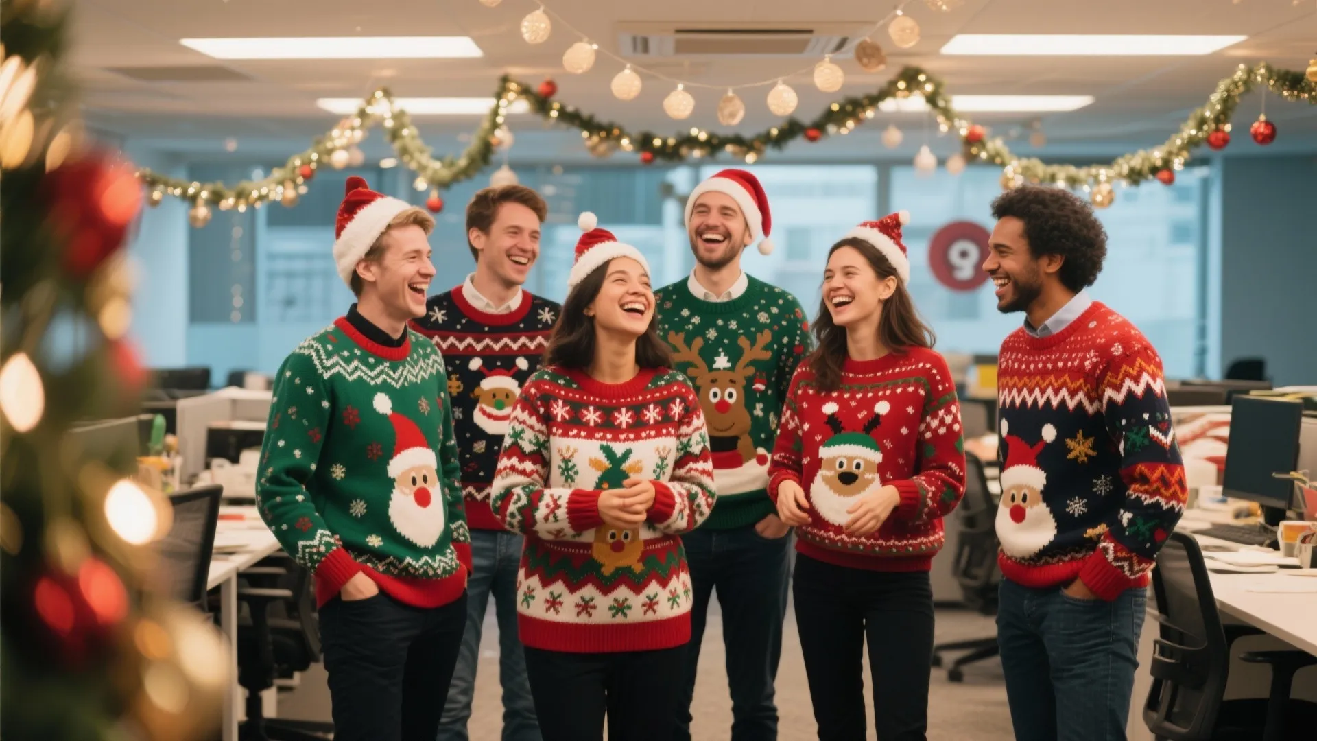 Group of happy office workers wearing festive Christmas sweaters and hats in decorated office space