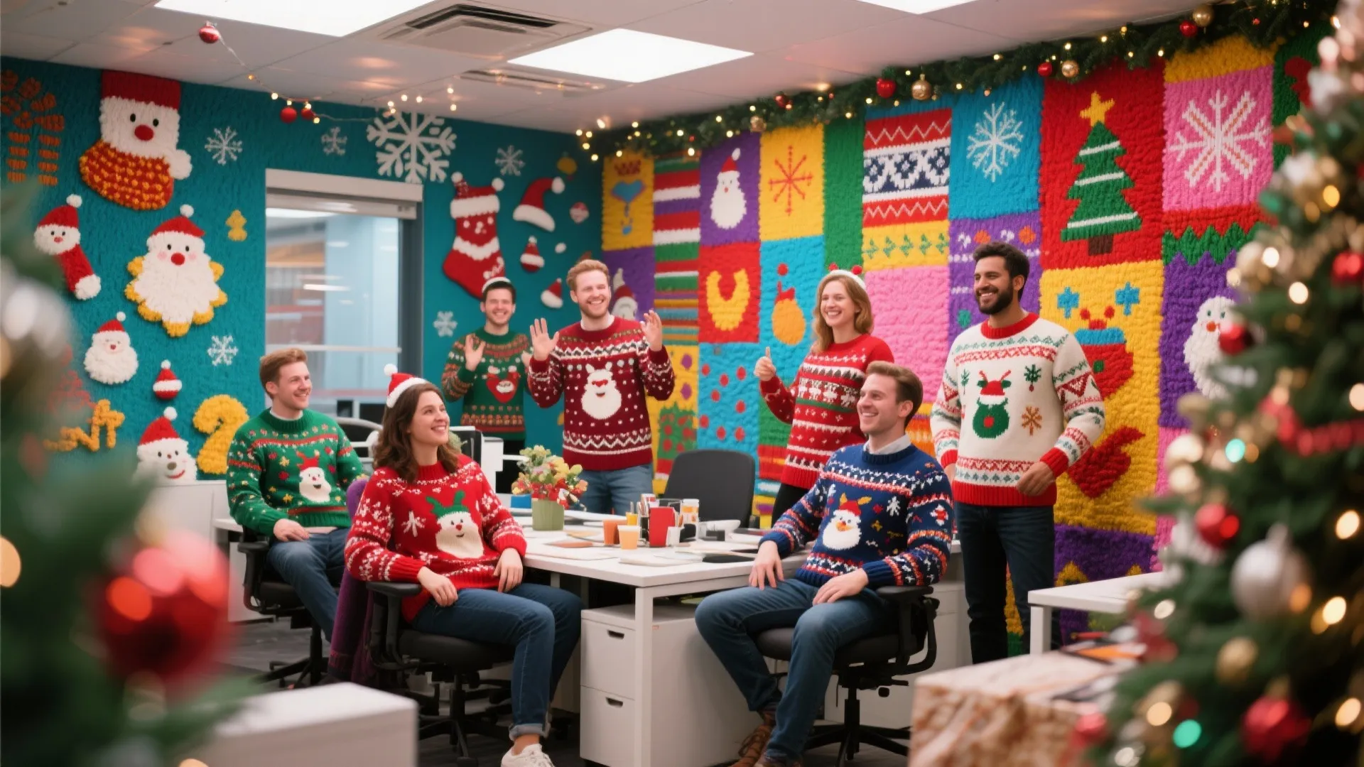 Office workers wearing festive Christmas sweaters in a room decorated with colorful holiday wall art
