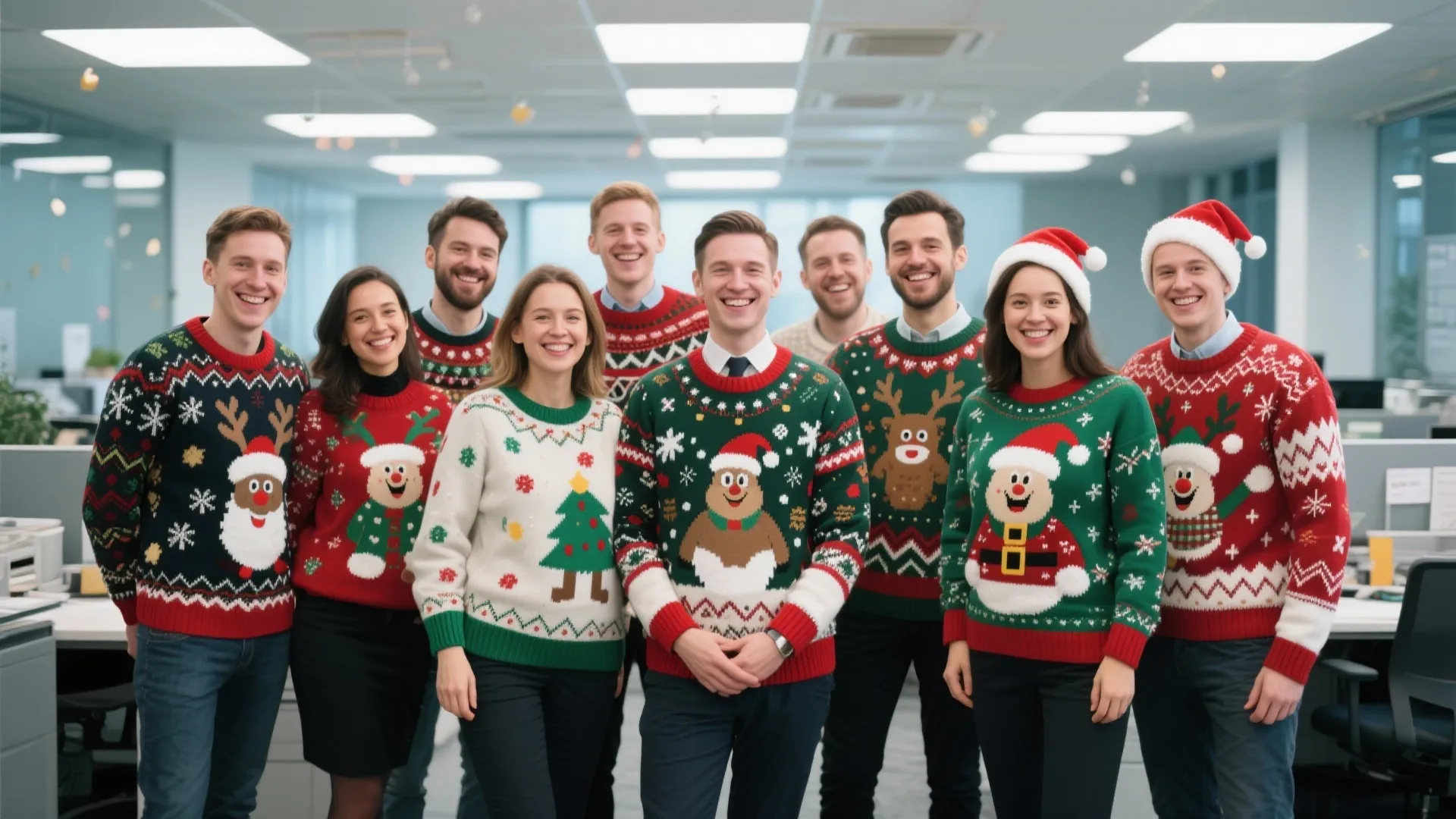 Office workers in colorful holiday sweaters with reindeer patterns smiling together in a bright modern workspace