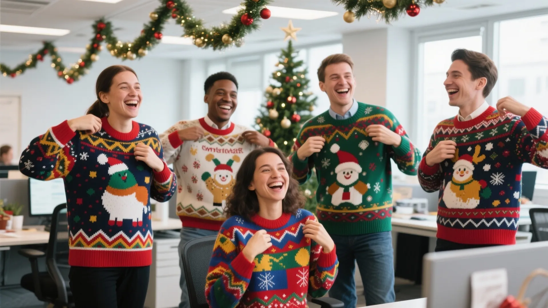 Five happy coworkers wearing colorful holiday sweaters laughing in a decorated office with festive garlands