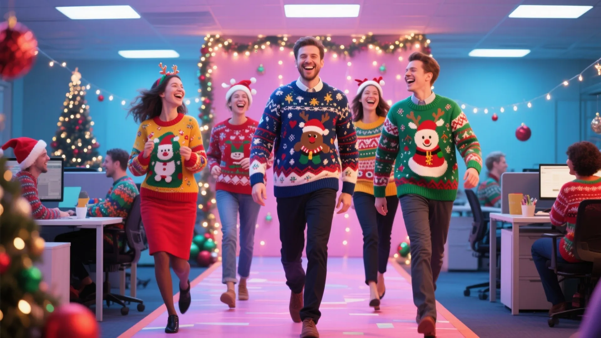 Happy office employees wearing colorful Christmas sweaters walking on a pink runway for holiday party