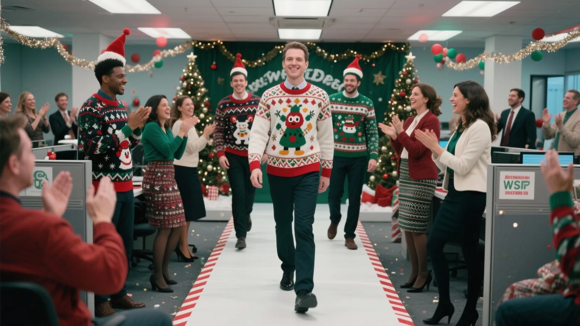 Office colleagues clapping for a man wearing a festive sweater on a red striped runway