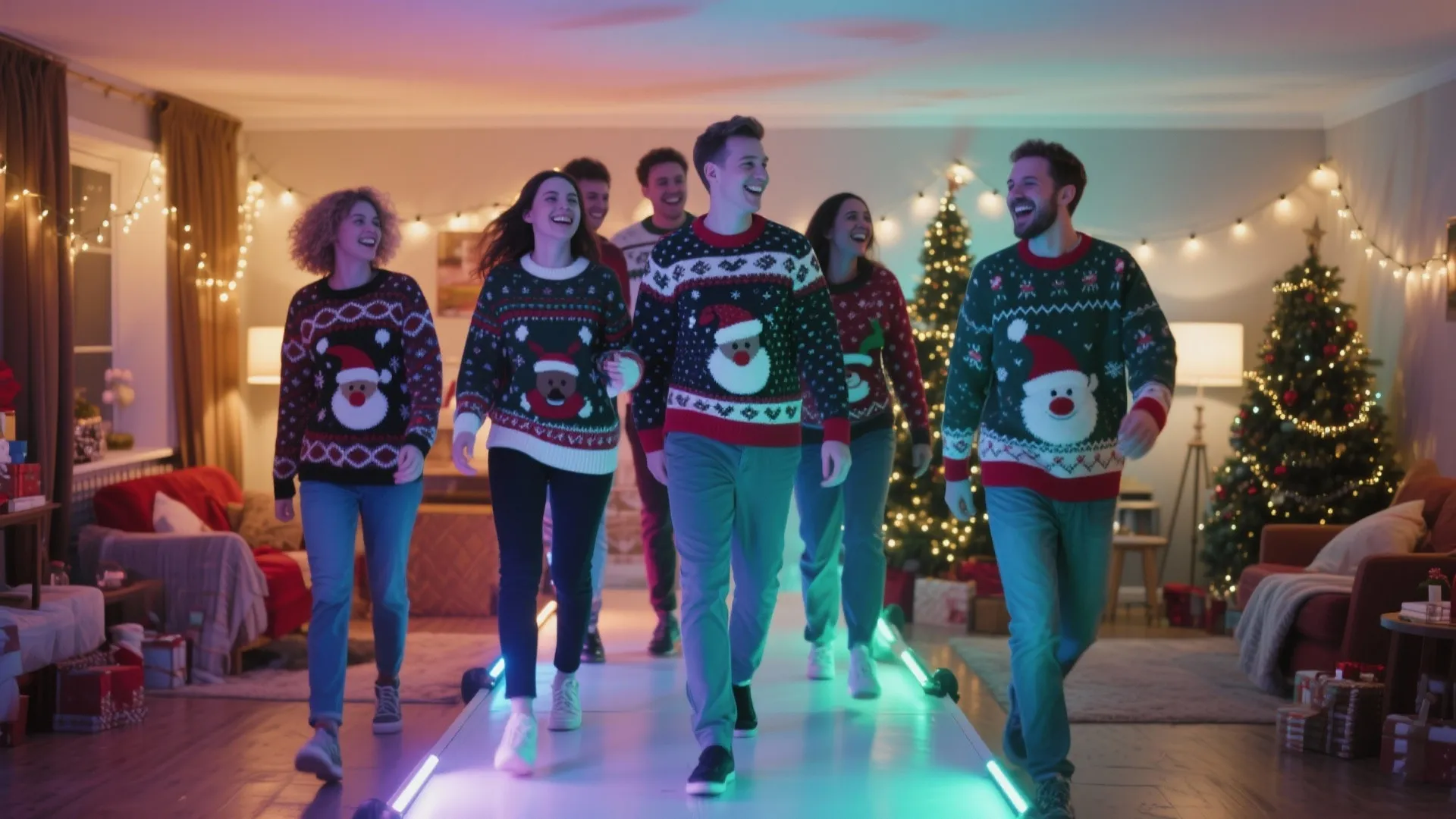 Happy friends wearing Christmas sweaters walking on a lit runway with a holiday tree background