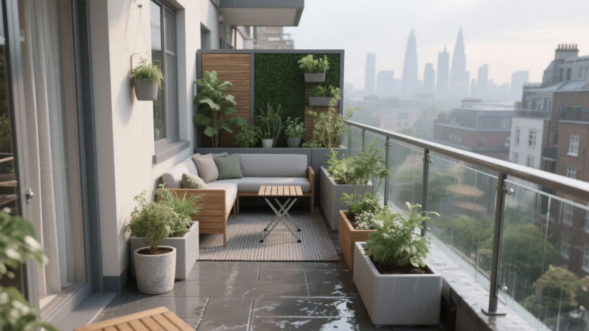 Cozy balcony garden with wooden sofa small table rug and many plants overlooking city skyline