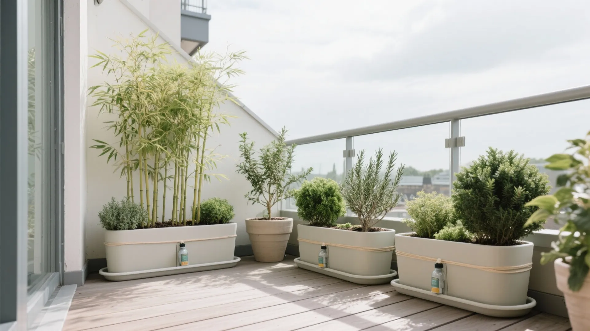 Hardy UK balcony plants in self-watering planters with drainage-friendly setup.