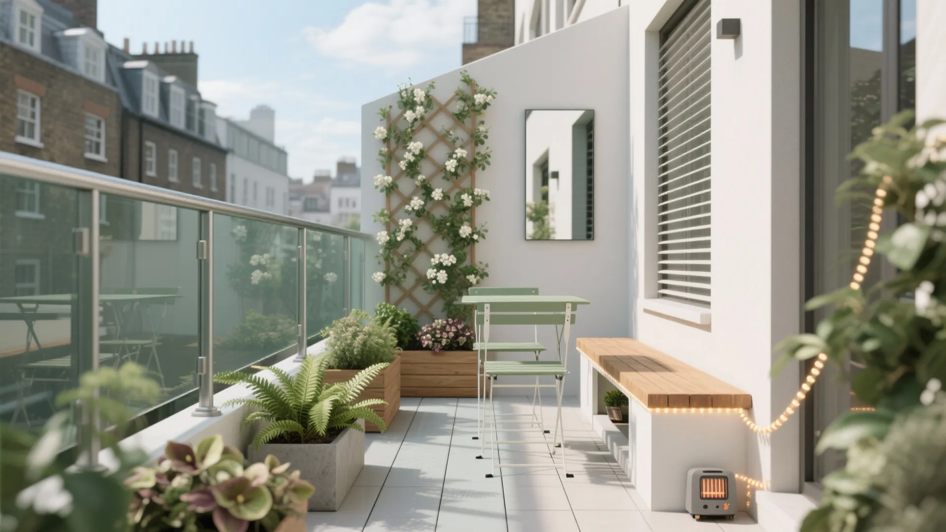 White balcony featuring green table chairs wood bench plants and white flowers on a trellis