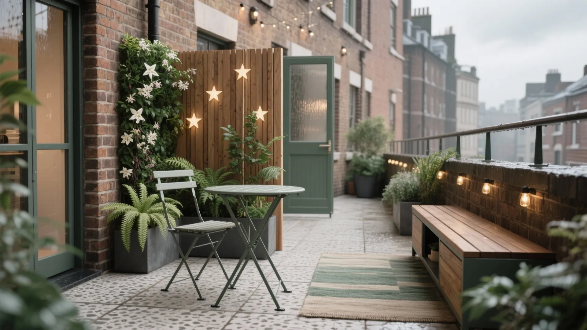 Modern narrow balcony with green folding chair small table wood panel star lights and green plants