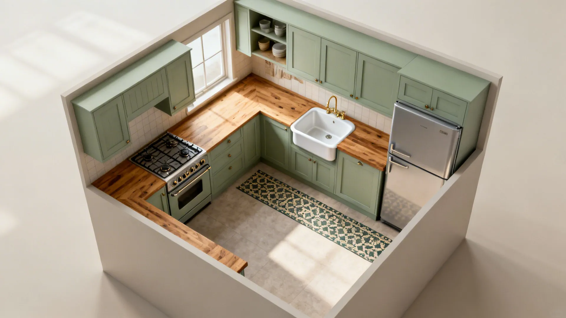 Top-down view of a compact L-shaped UK country kitchen showing a clear work triangle.