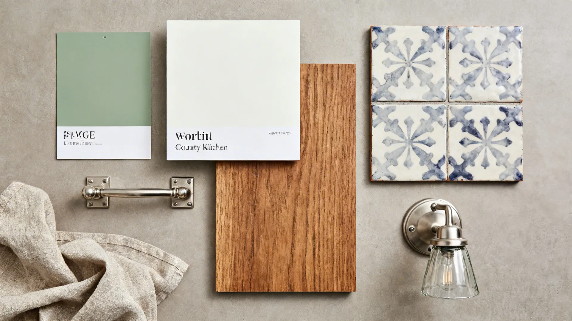 Flat lay of sage and warm white paint, oiled oak, patterned tile, and brushed nickel hardware.