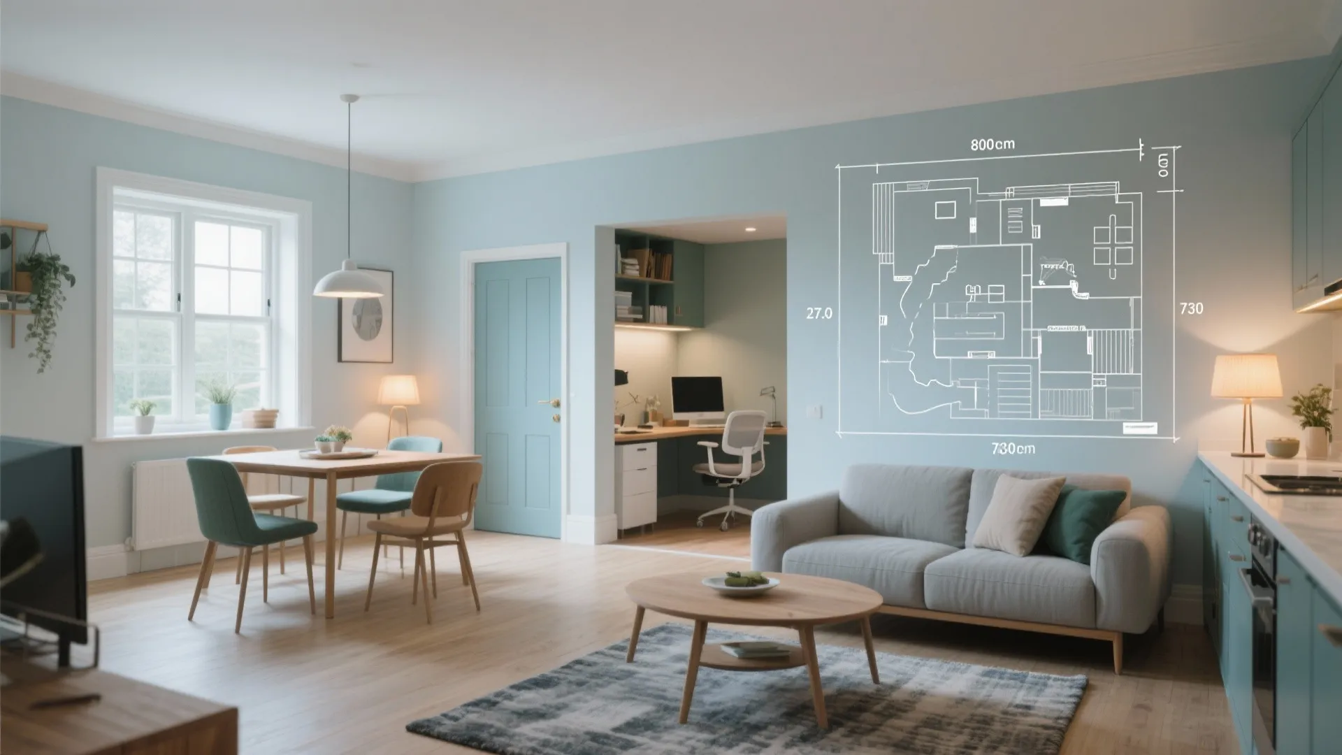 Modern open living area featuring a sofa and table with a floor plan overlay design