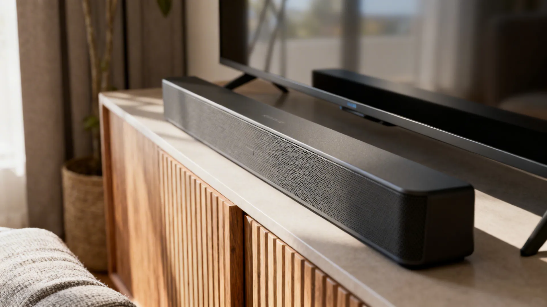 Close-up of an ultra-compact soundbar on a wooden TV cabinet in a small room