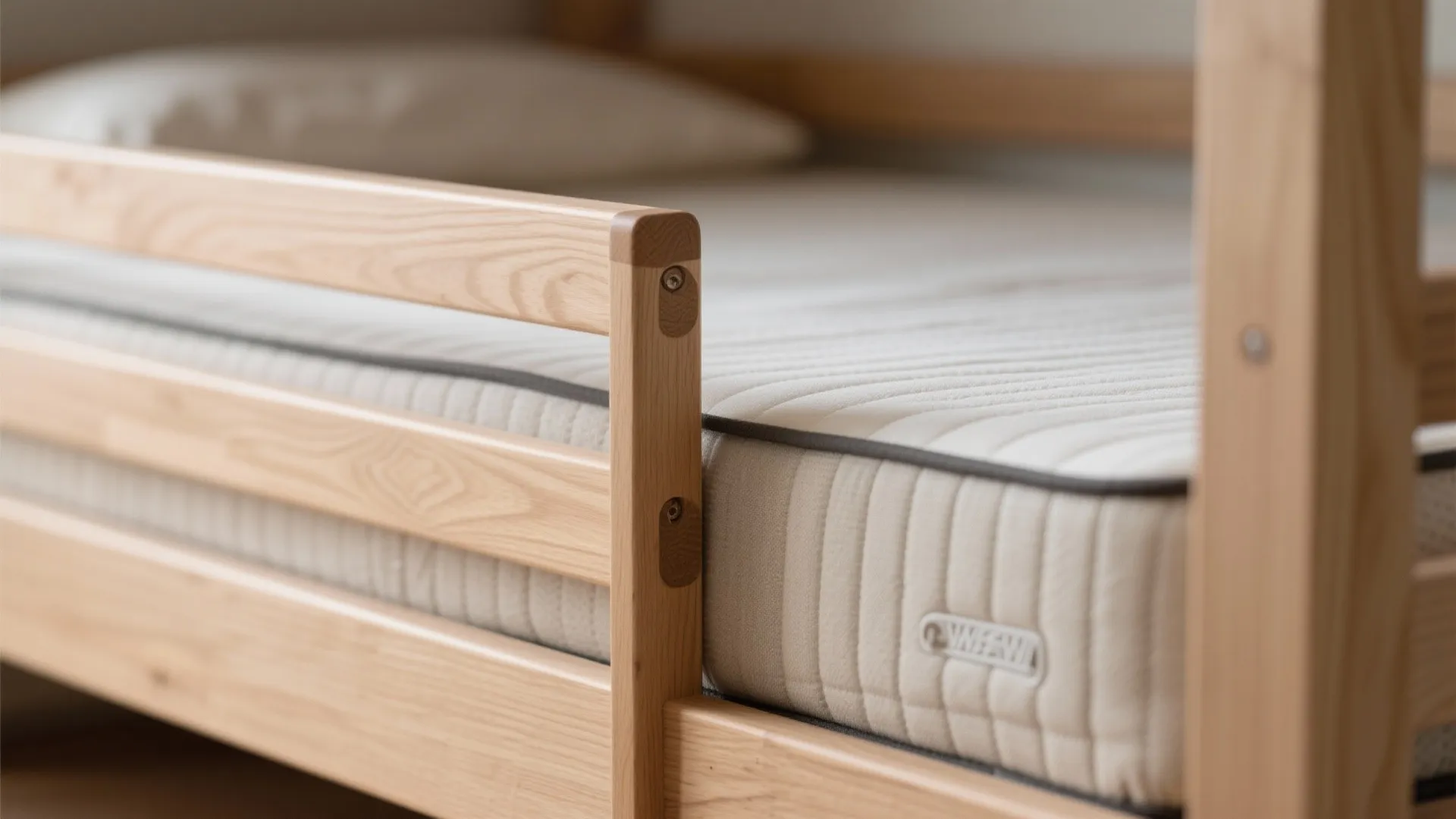 Macro of ultra-low bunk frame showing thin mattress and guardrail height for safety.