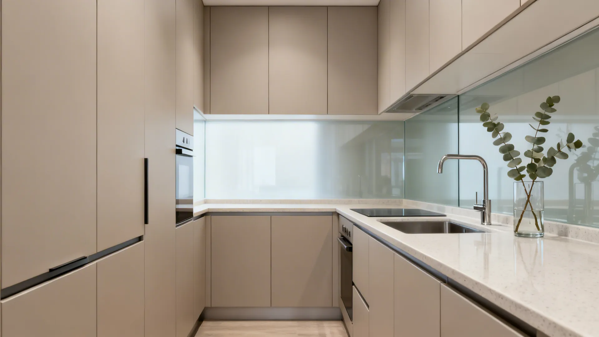 Minimalist kitchen featuring matte beige cabinets, white countertop, sink, faucet, small green plant, and integrated oven