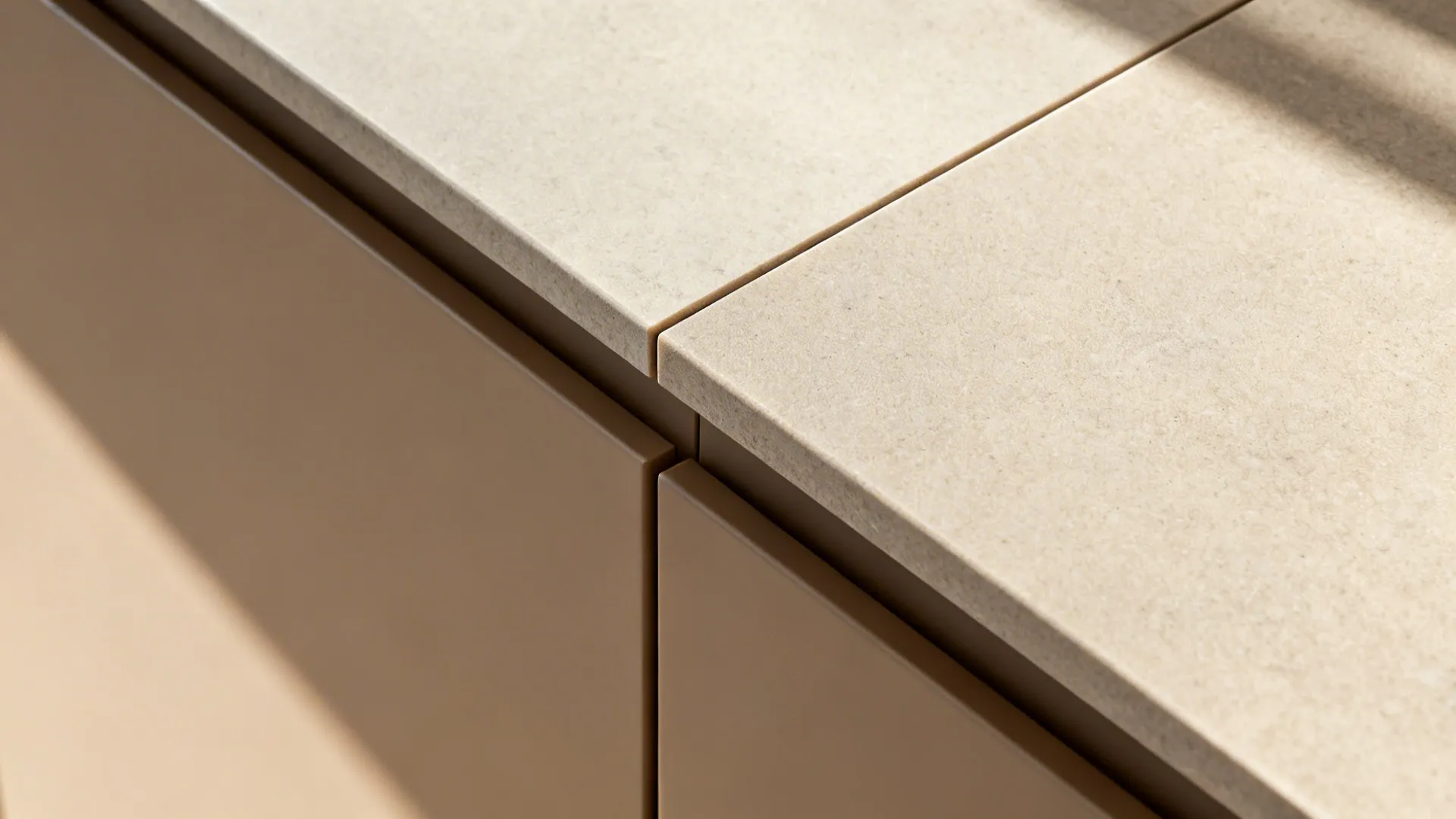 Macro of fingerprint-resistant ultra-matte cabinet next to a clean quartz miter seam.
