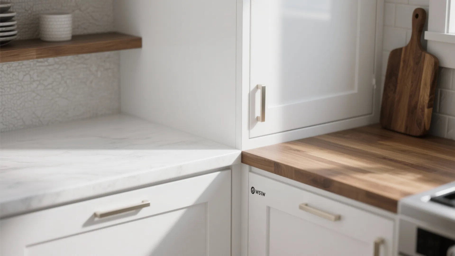 Close up view of white kitchen cabinets featuring marble countertop and natural wood island surface details