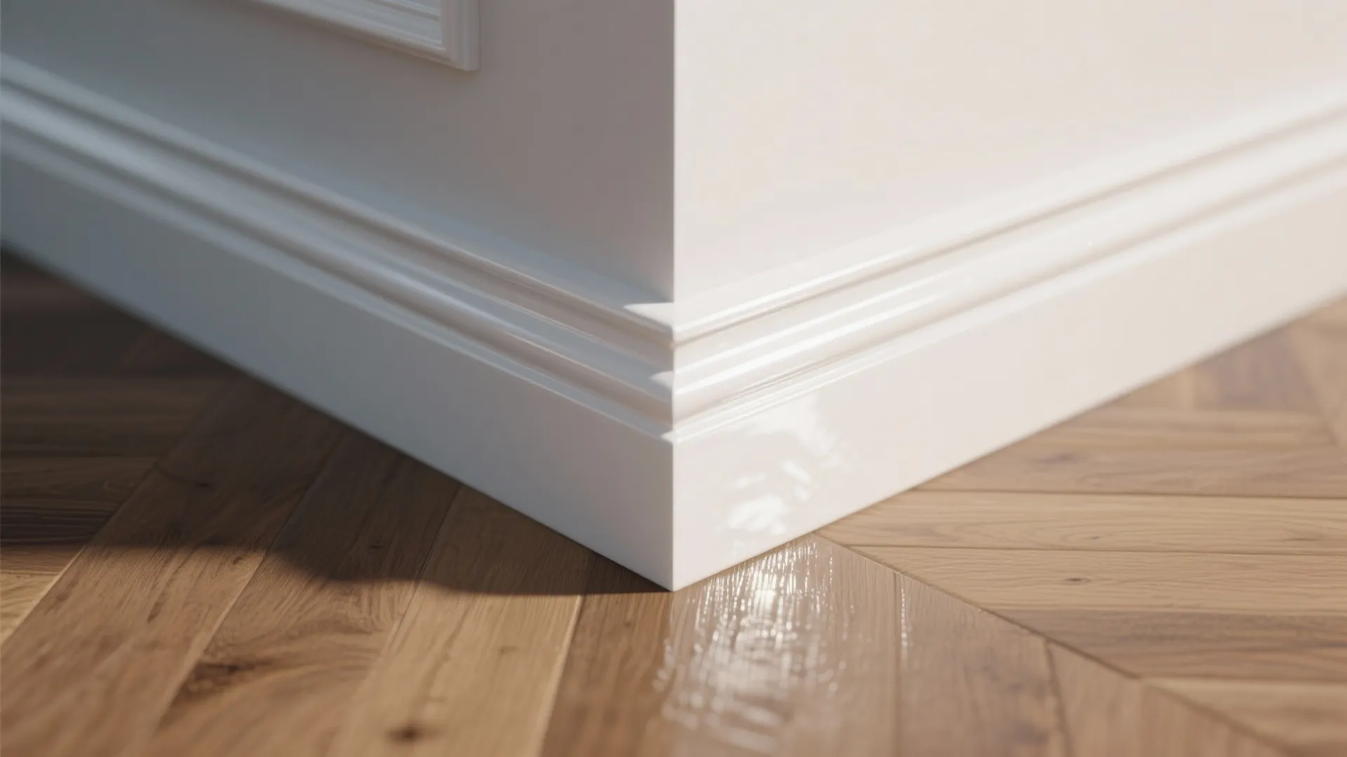 Close up of white wall corner with decorative wall panel and baseboard on wooden floor
