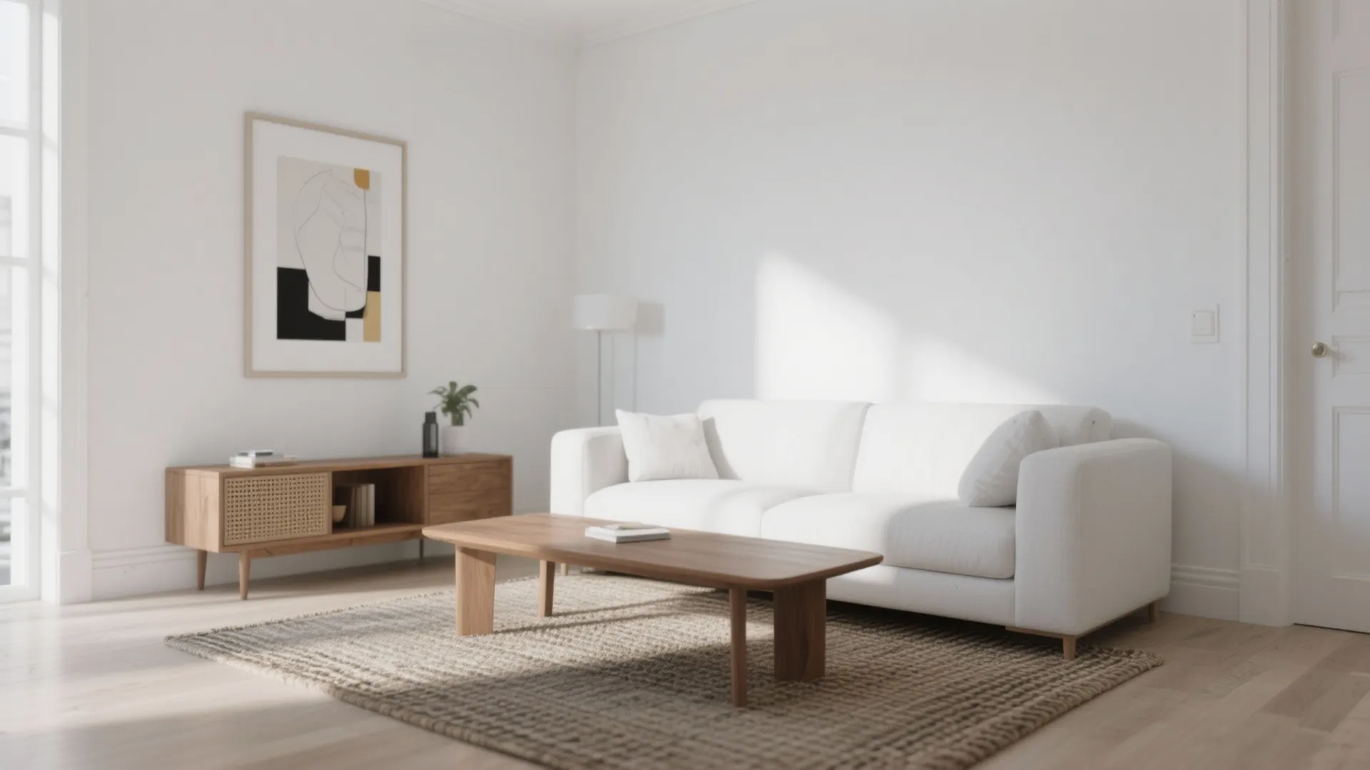 Minimalist living room with white walls, white sofa, wooden coffee table, cabinet, and large rug
