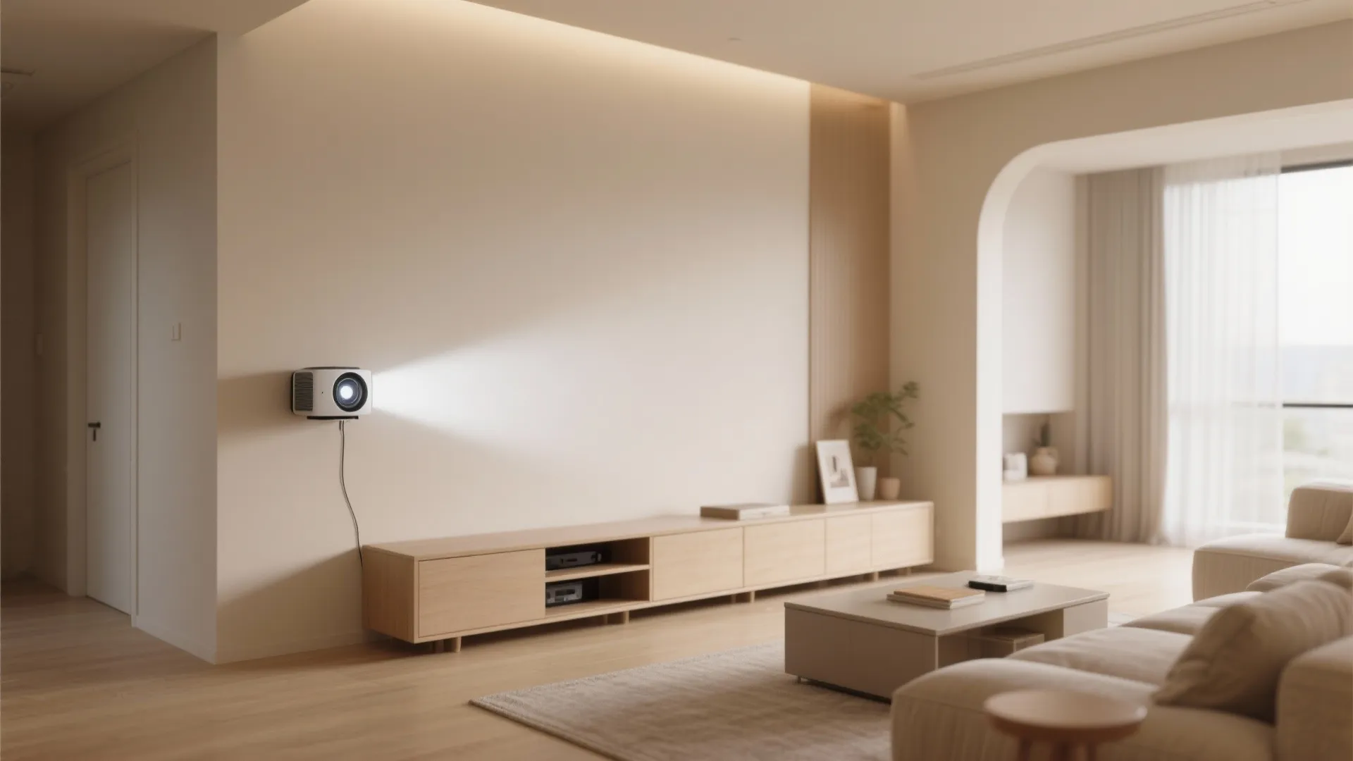 Ultra-short throw projector placed against the wall in a small living room
