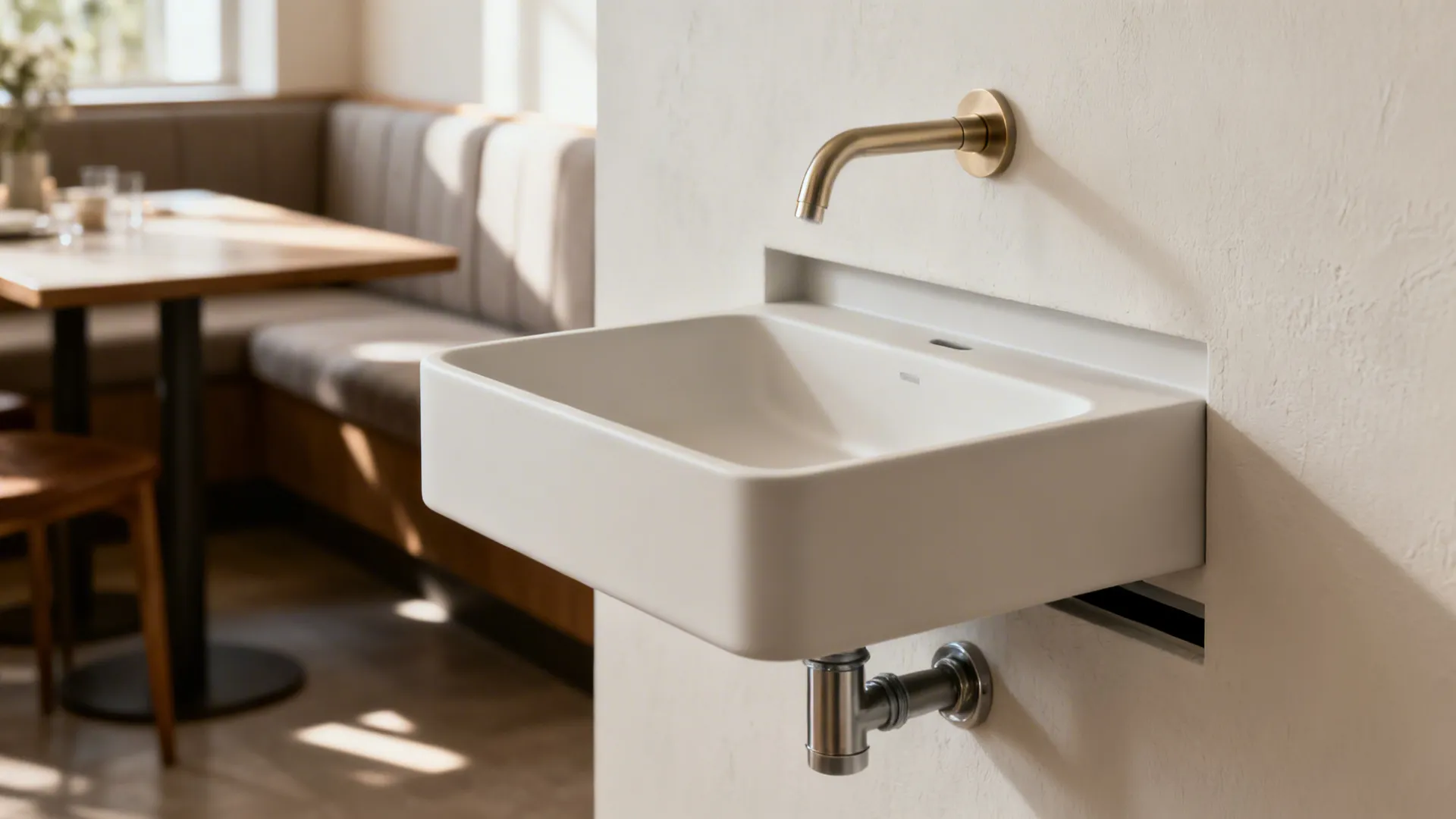 Close-up of a matte ultra-slim wall-mounted basin with concealed trap near a dining banquette.