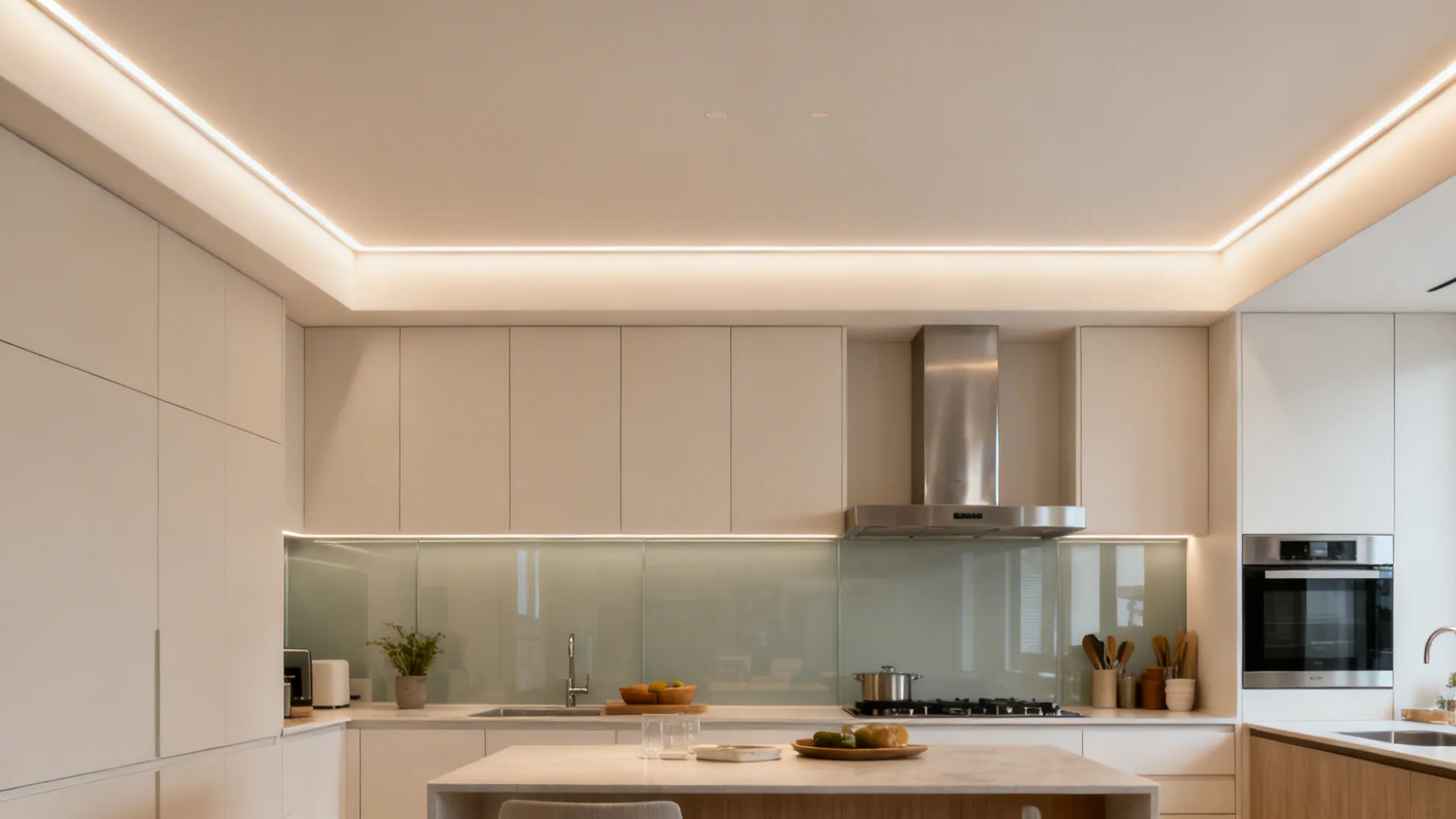 Small galley kitchen with ultra-slim gypsum plaster cove lighting creating an even indirect glow.