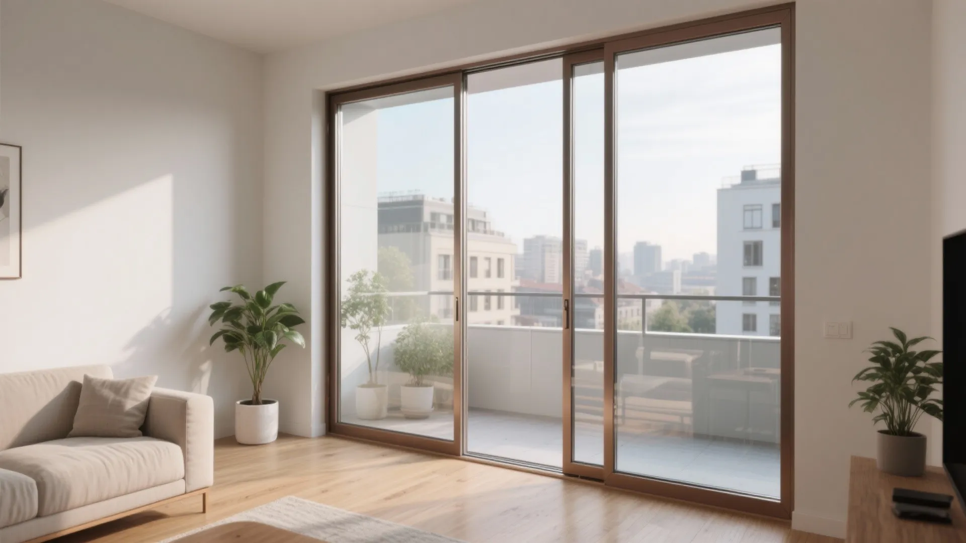 Modern living room featuring large sliding glass balcony doors with slim brown frames and outdoor view