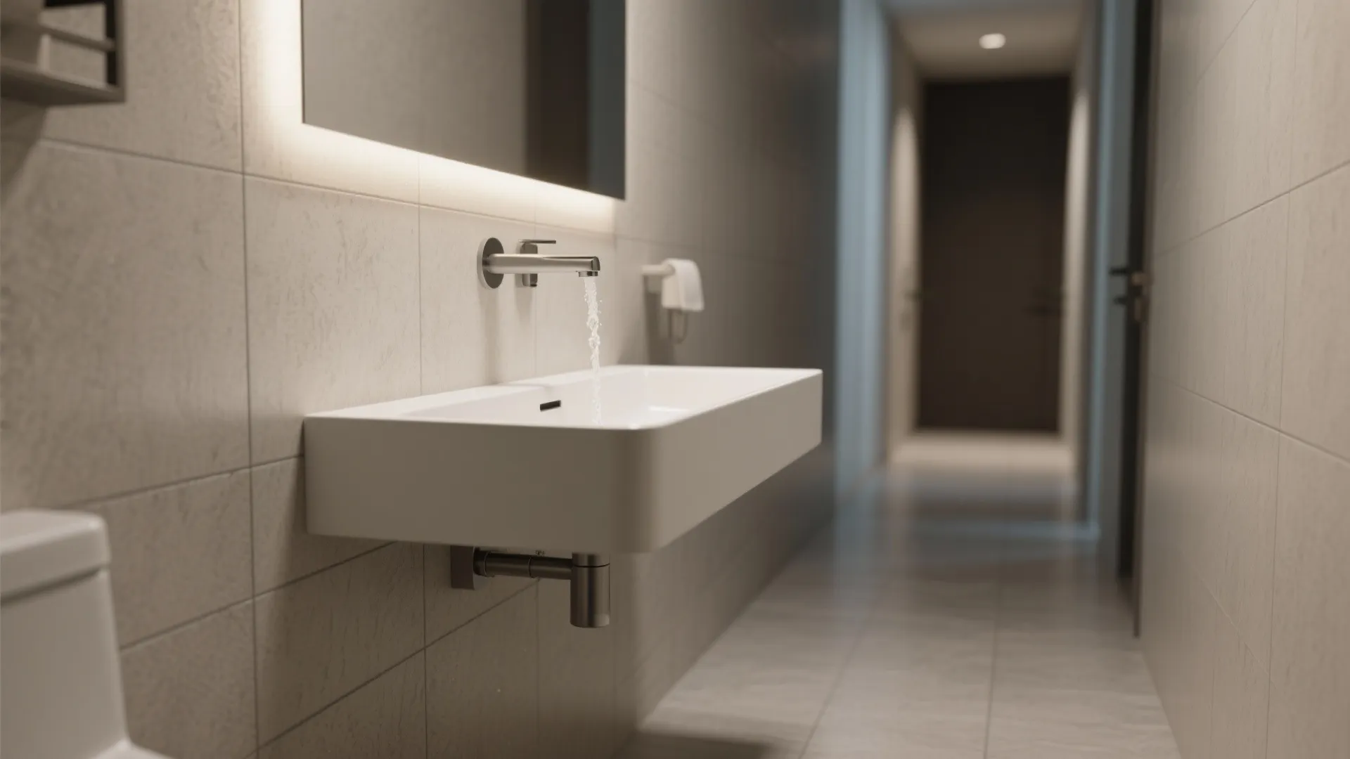 Ultra-slim wall-mounted sink with wall faucet in a narrow corridor bathroom