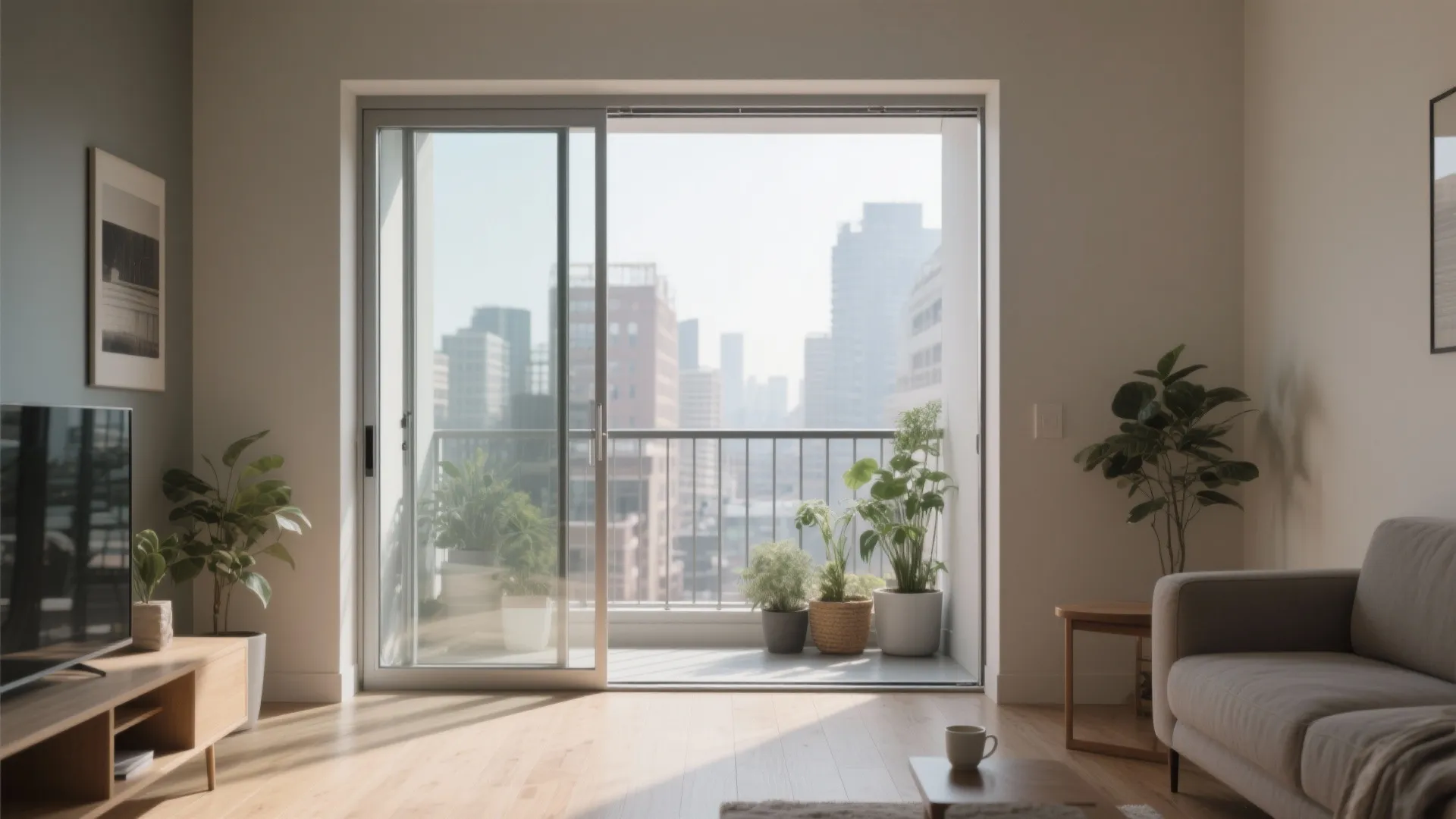 Ultra-slim sliding glass balcony doors brighten a narrow living room with minimal frames.