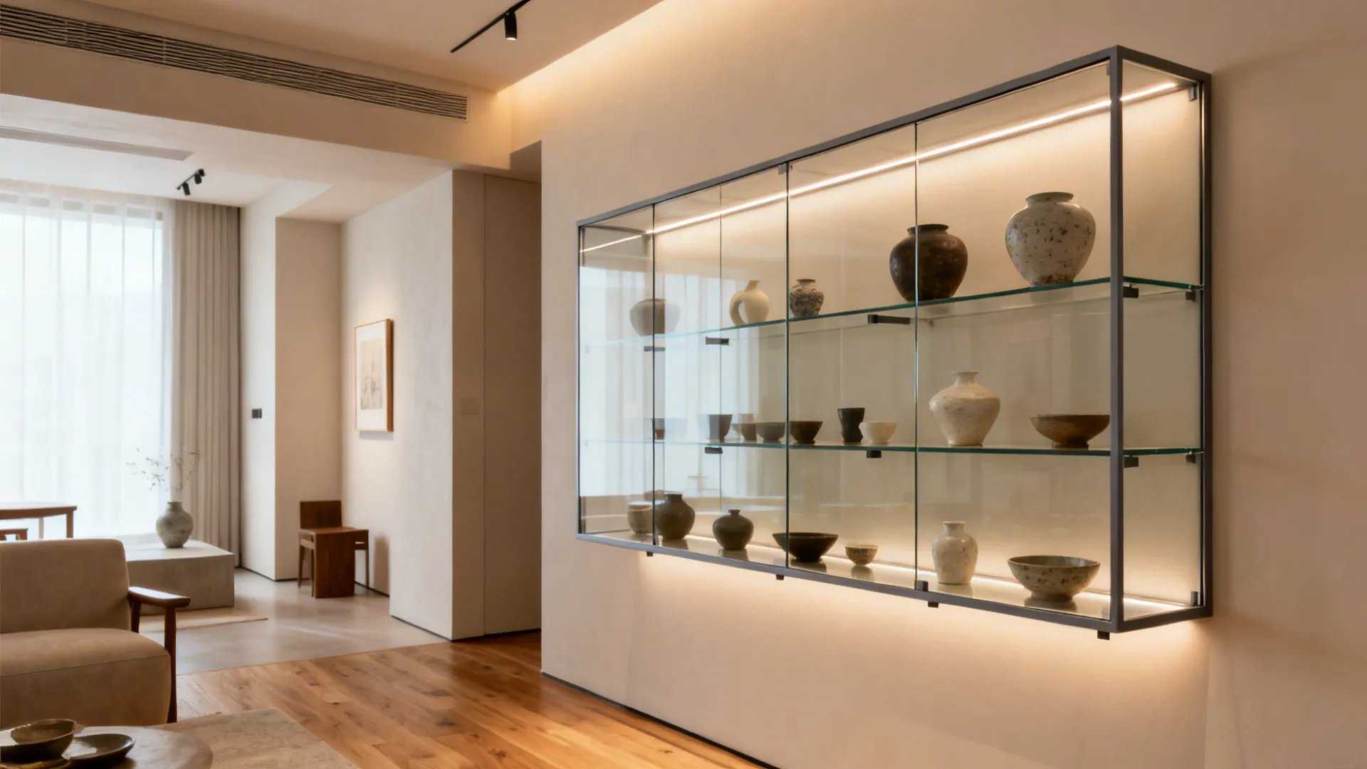 Ultra-slim wall-mounted glass cabinet with concealed LED uplights displaying ceramics.