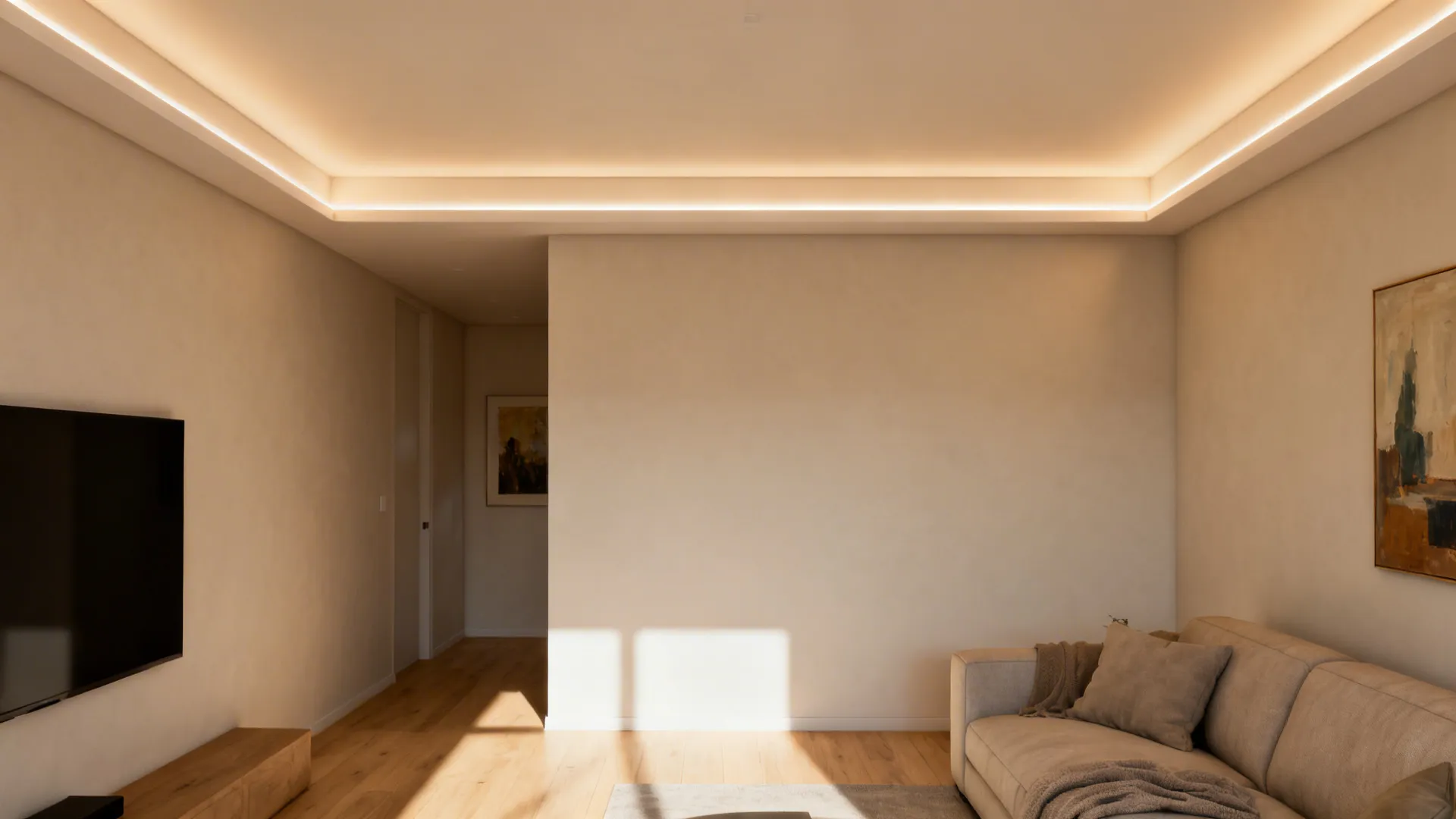 Small living room featuring an ultra-thin POP cove ceiling with warm indirect light.