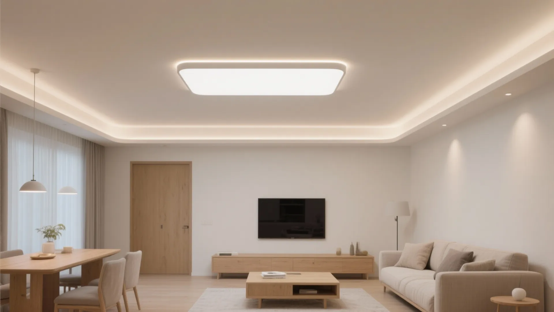 Minimalist living-dining space with an ultra-thin LED flush mount halo creating even ambient light.