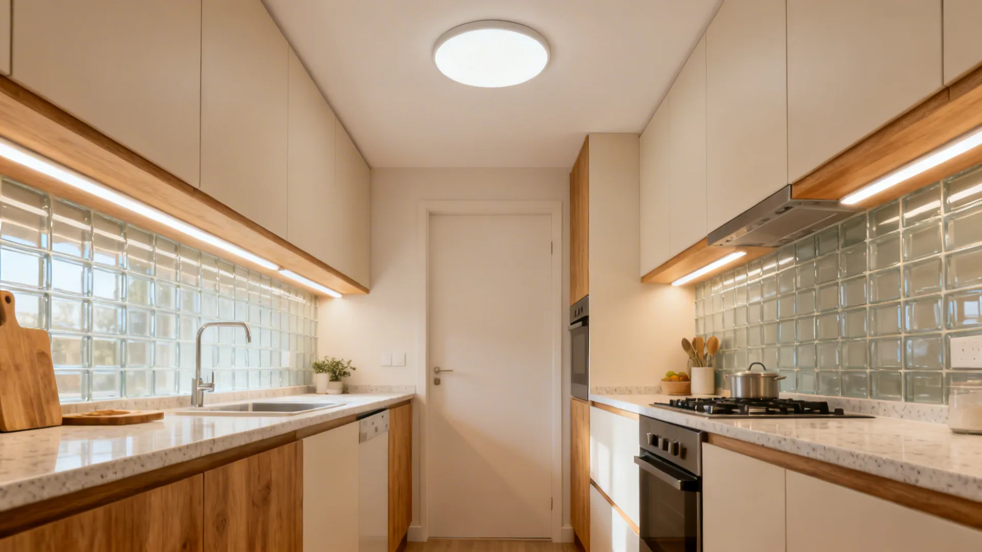 Galley kitchen with ultra-thin flush mount and bright under-cabinet task lighting for shadow-free prep.