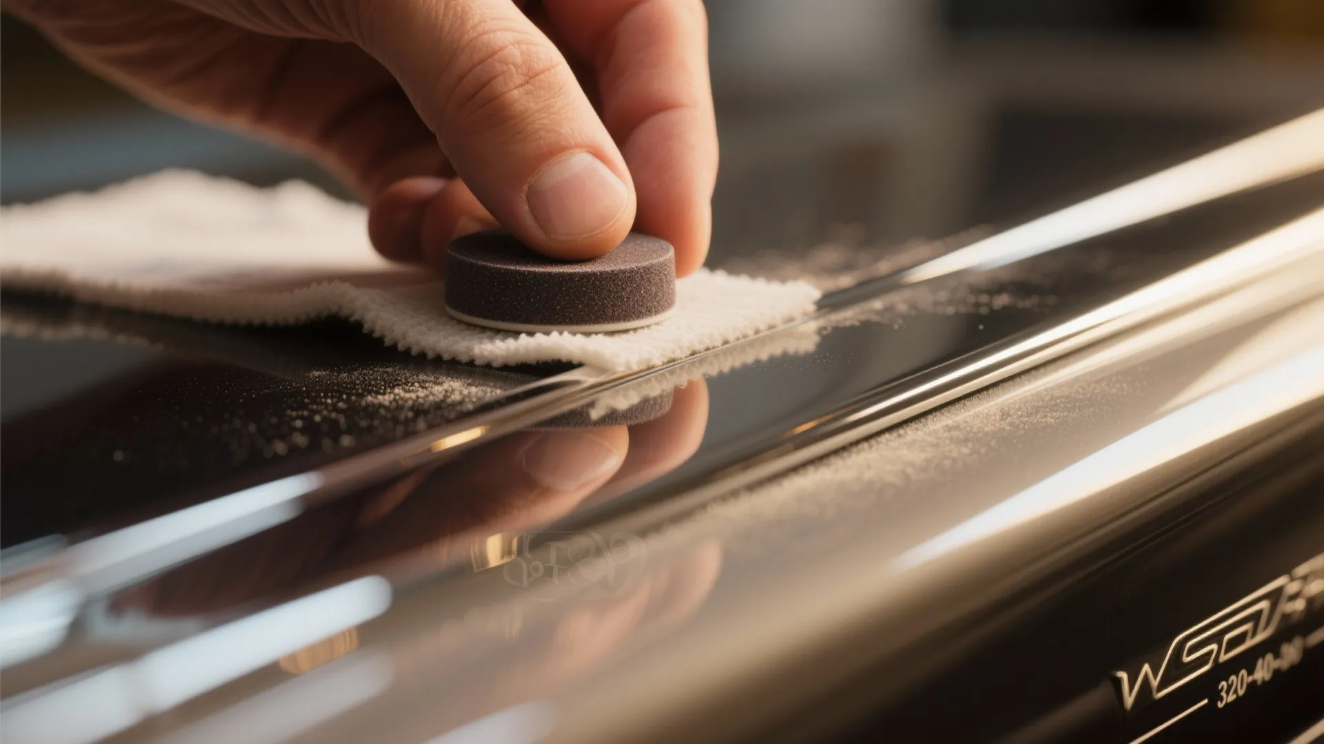 Hand polishing a glossy dark surface using a small round tool and a soft white cloth