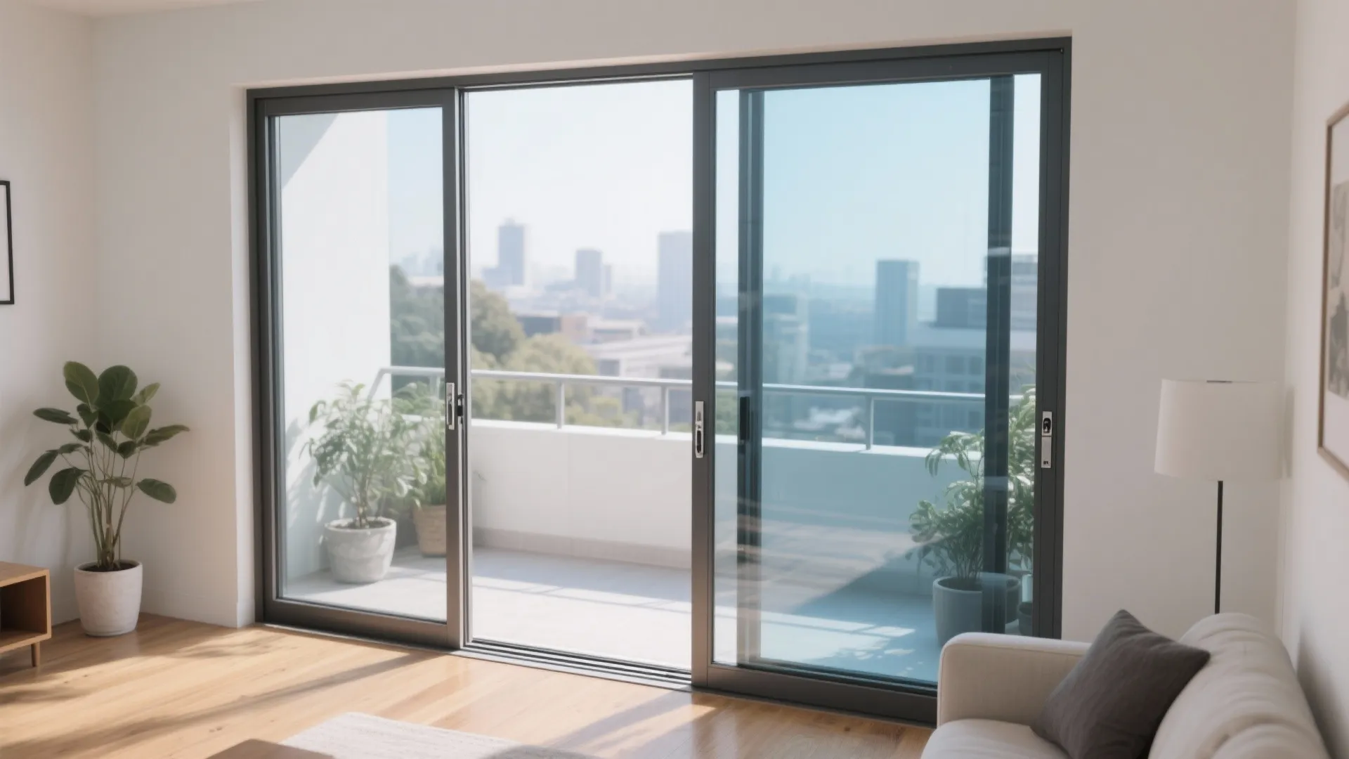 Modern living room with grey sliding glass doors opening to a balcony with city views