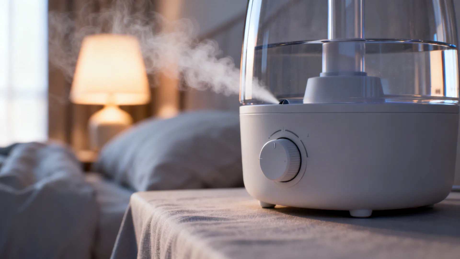 Macro view of an ultrasonic cool-mist humidifier emitting fine mist on a bedside table