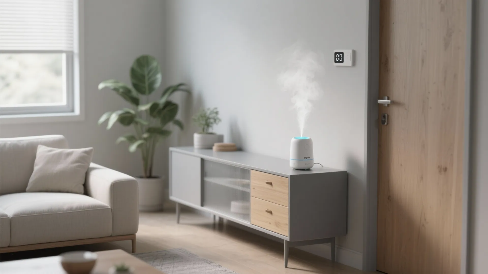 Small living room with an ultrasonic diffuser near a doorway for airflow.
