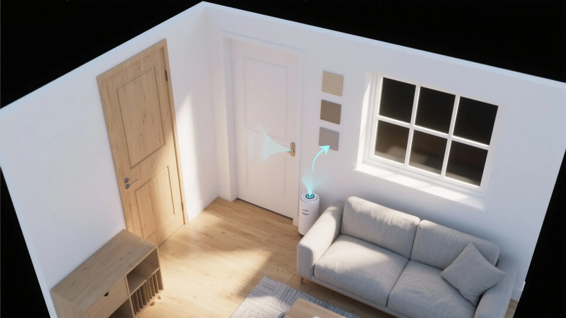 Top-down layout showing diffuser placement by door with airflow arrows.