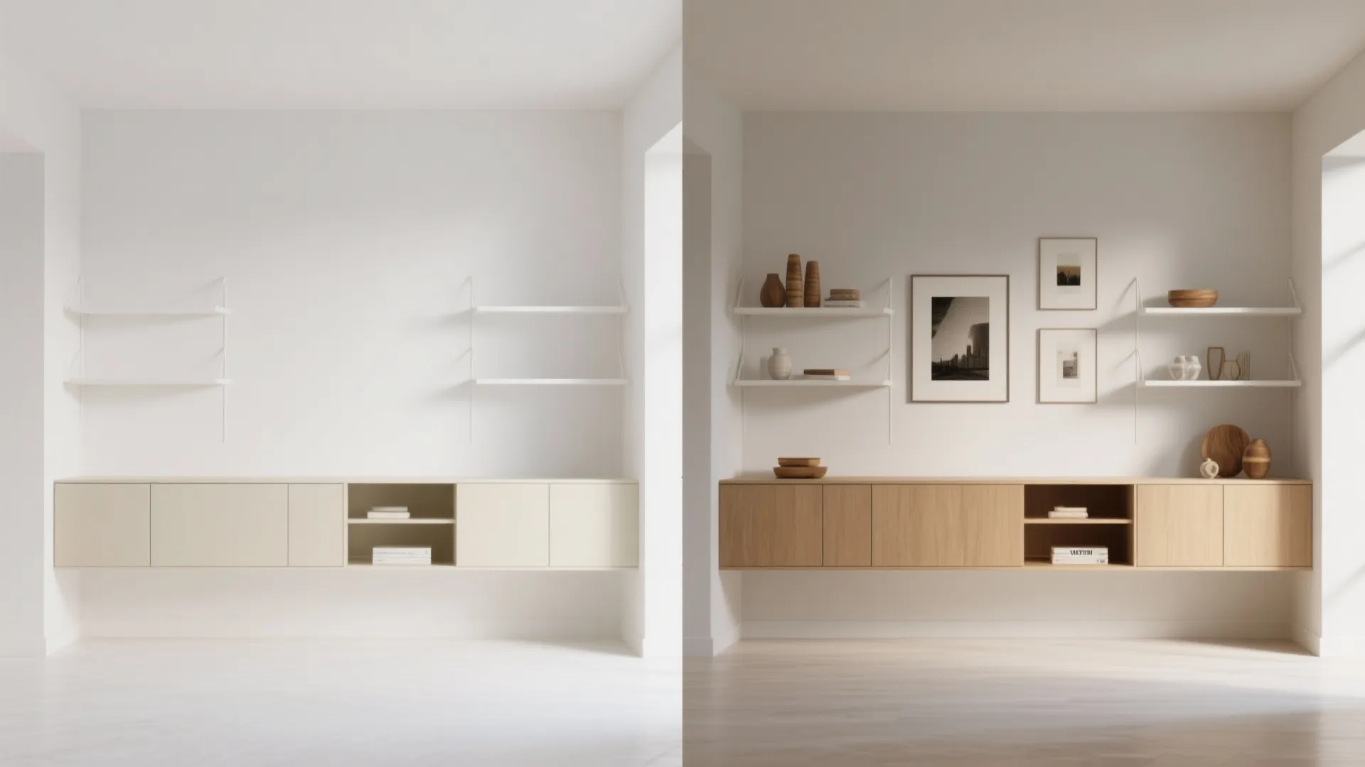 5. Ultra-White Accent Wall with Warm Cabinets