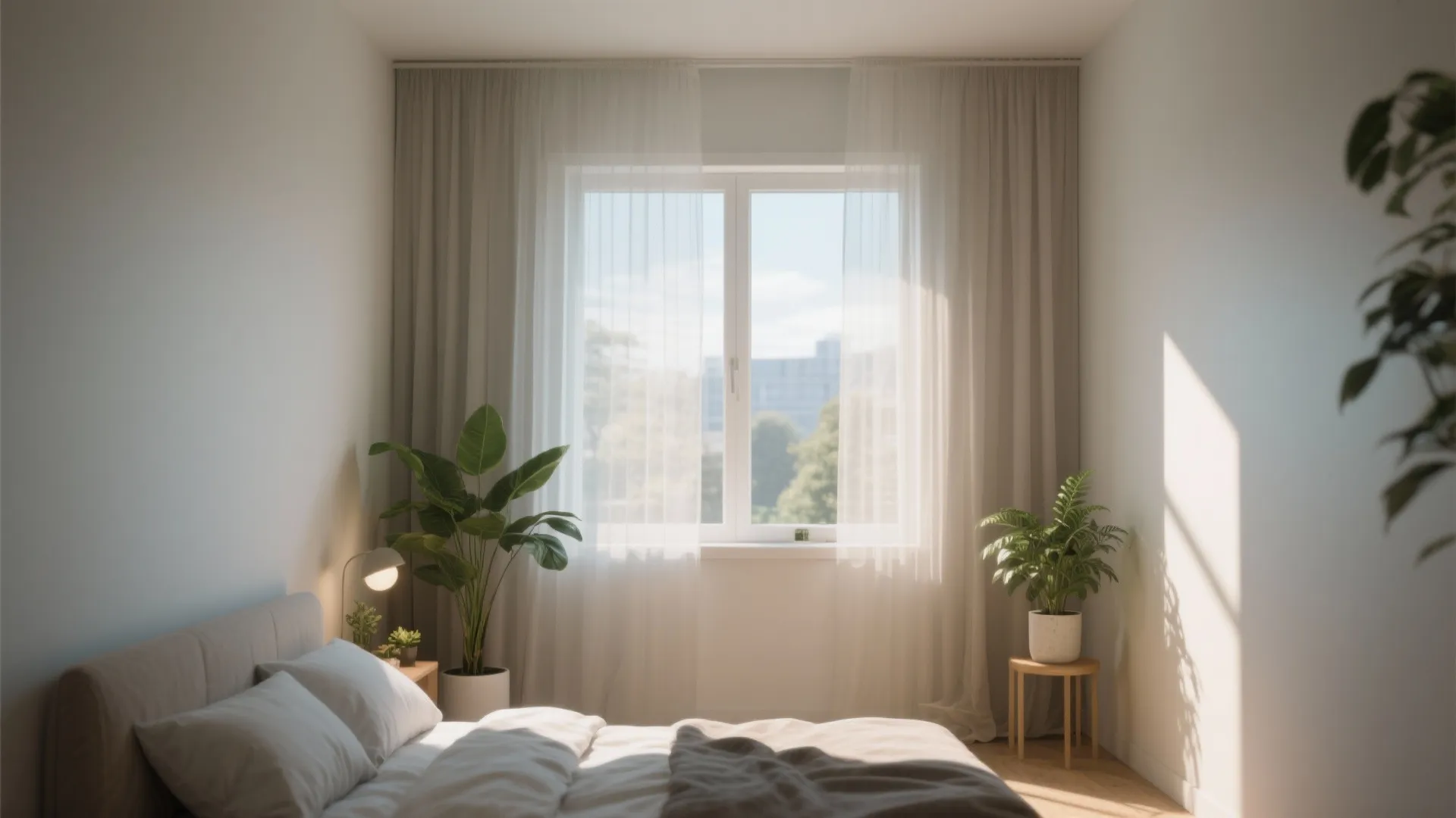 Bright bedroom with a large window and white curtains plus green plants and natural light