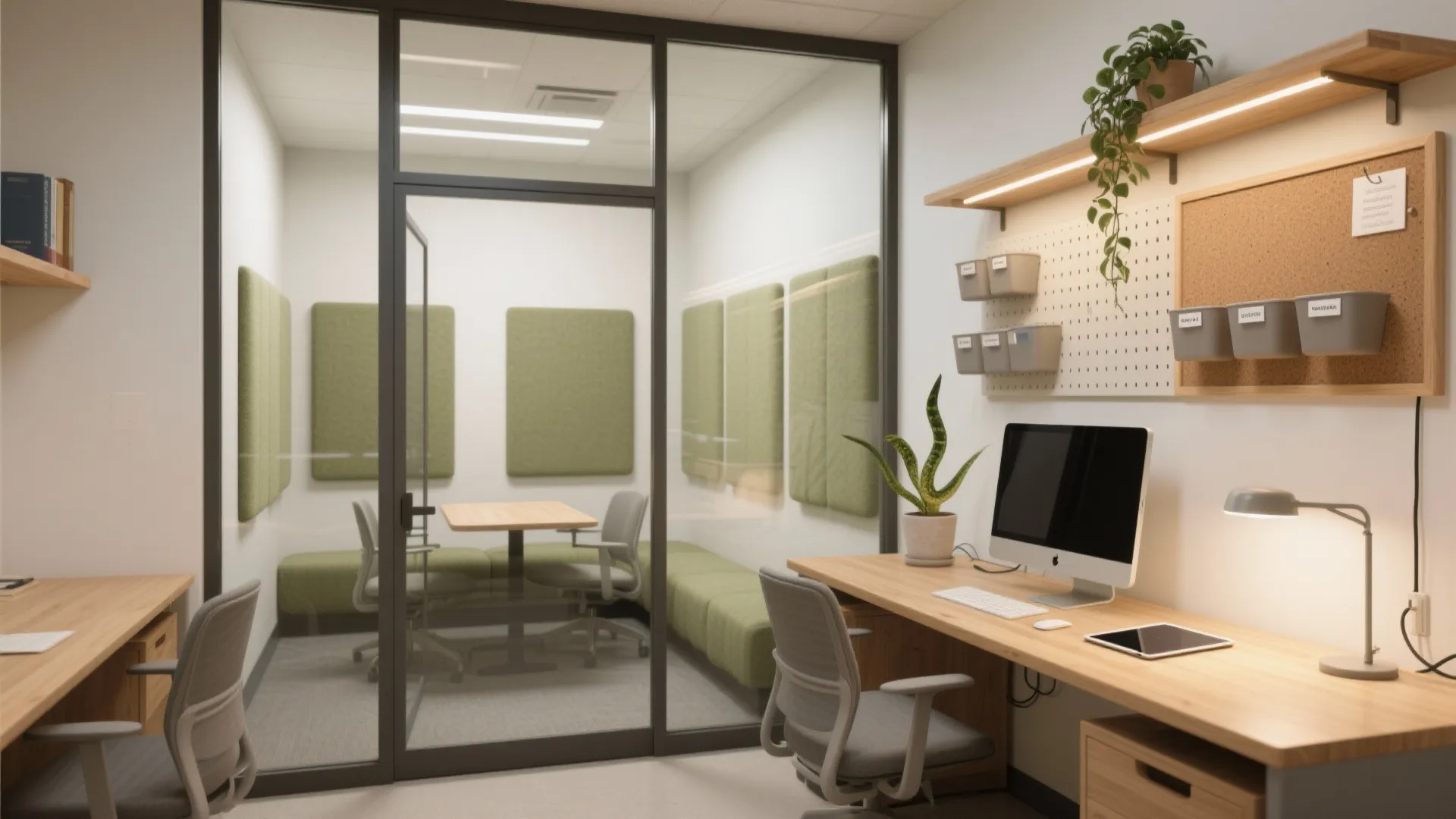 Office workspace with wooden desk computer pegboard wall storage green plants and private glass meeting booth