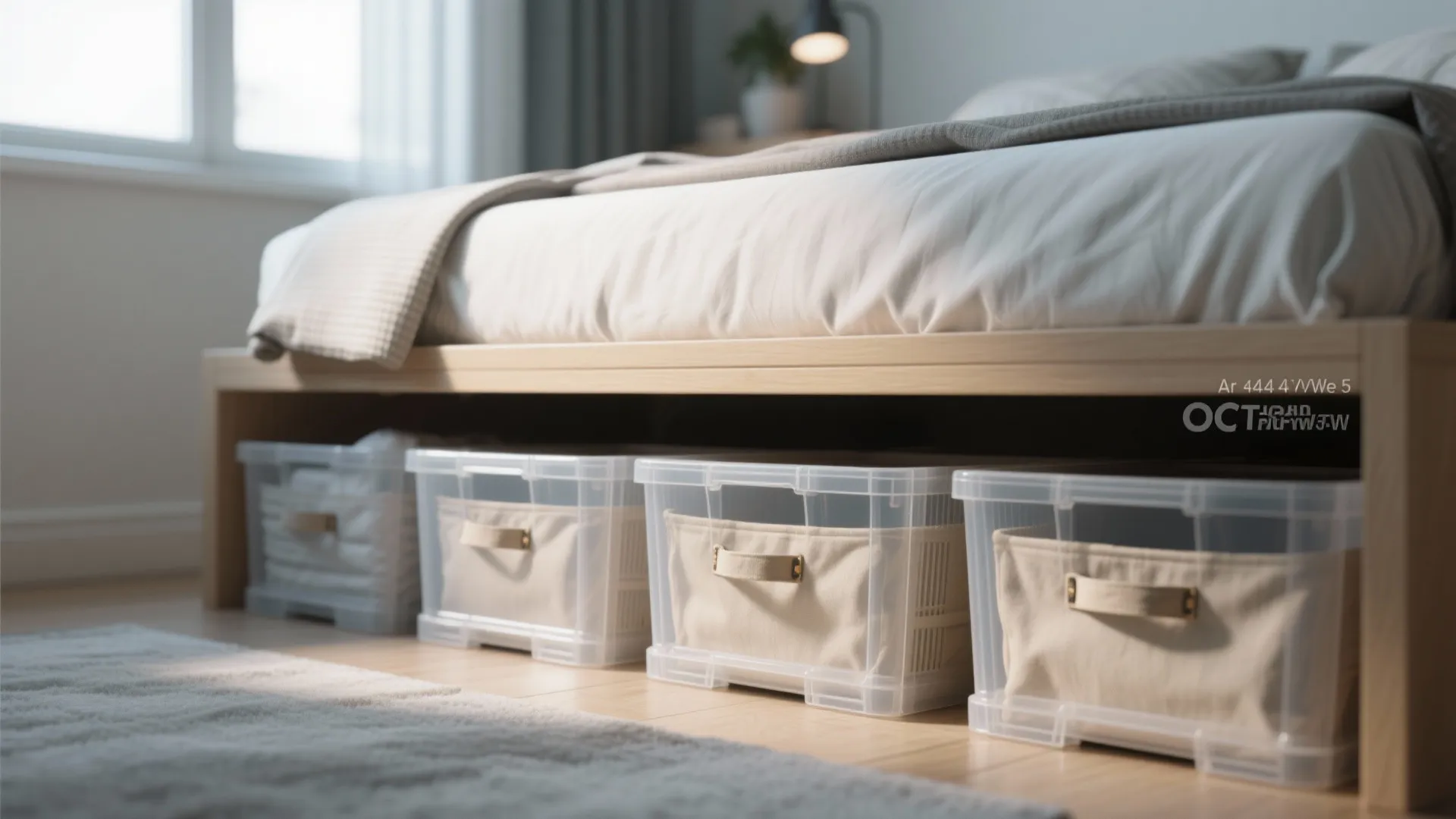 Four clear plastic storage bins with handles tucked neatly under a wooden bed frame floor