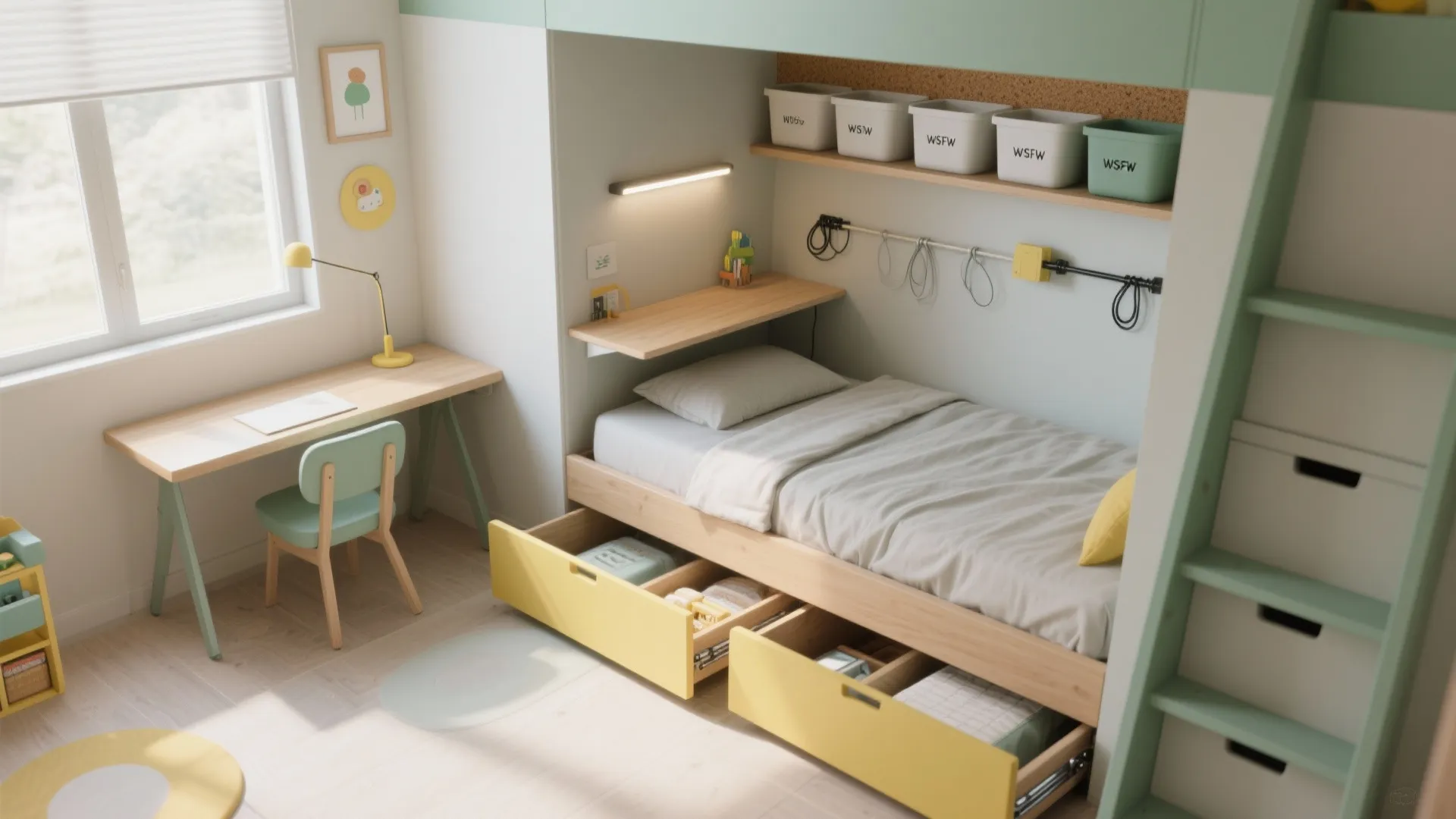 Under-bed drawers and a fold-down desk