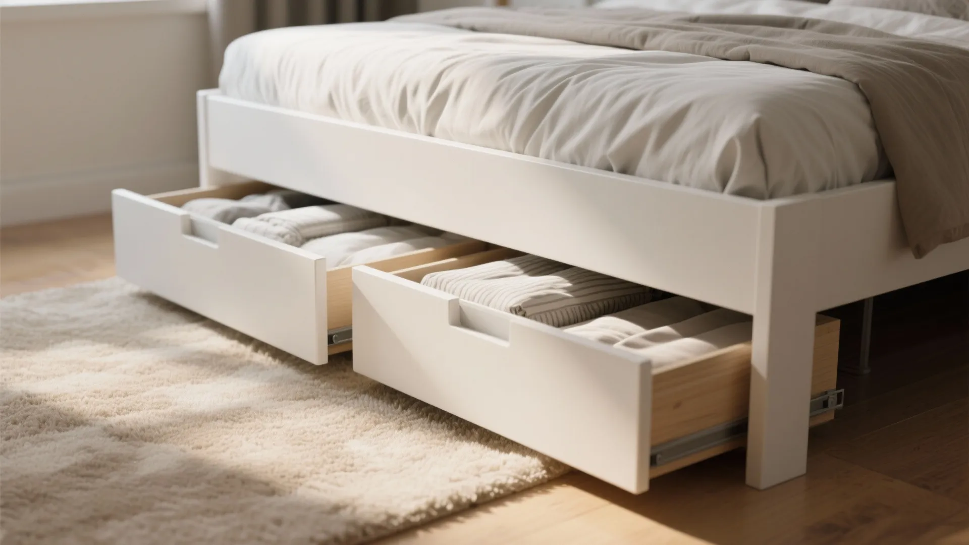 White bed frame with open wooden drawers storage for clothes on a soft cream rug