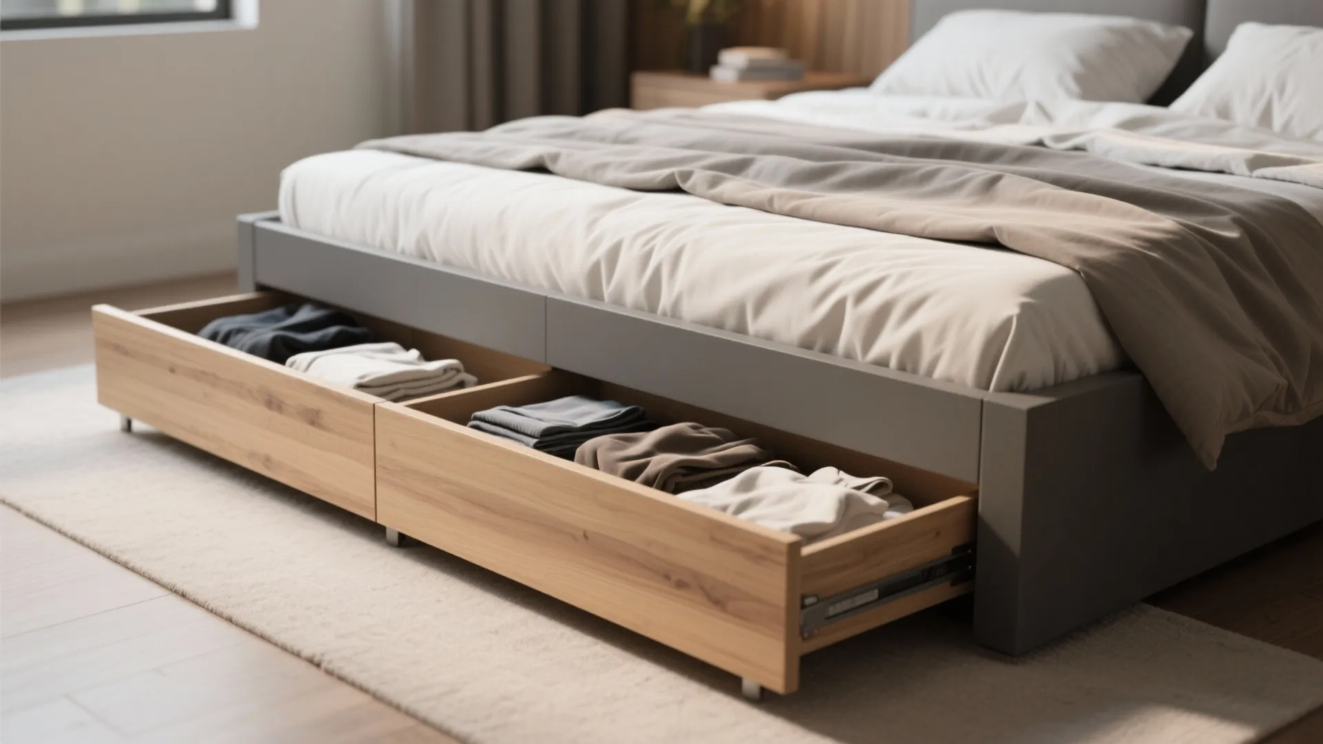 Grey bed frame with open wooden drawers underneath showing neatly folded clothes for extra storage