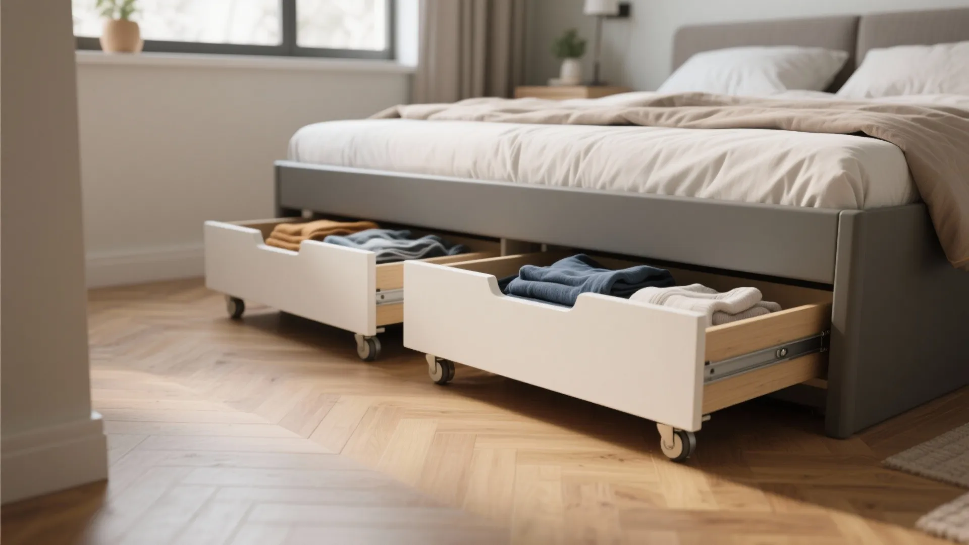 Grey bed with white wooden storage drawers on wheels containing folded clothes on a wood floor