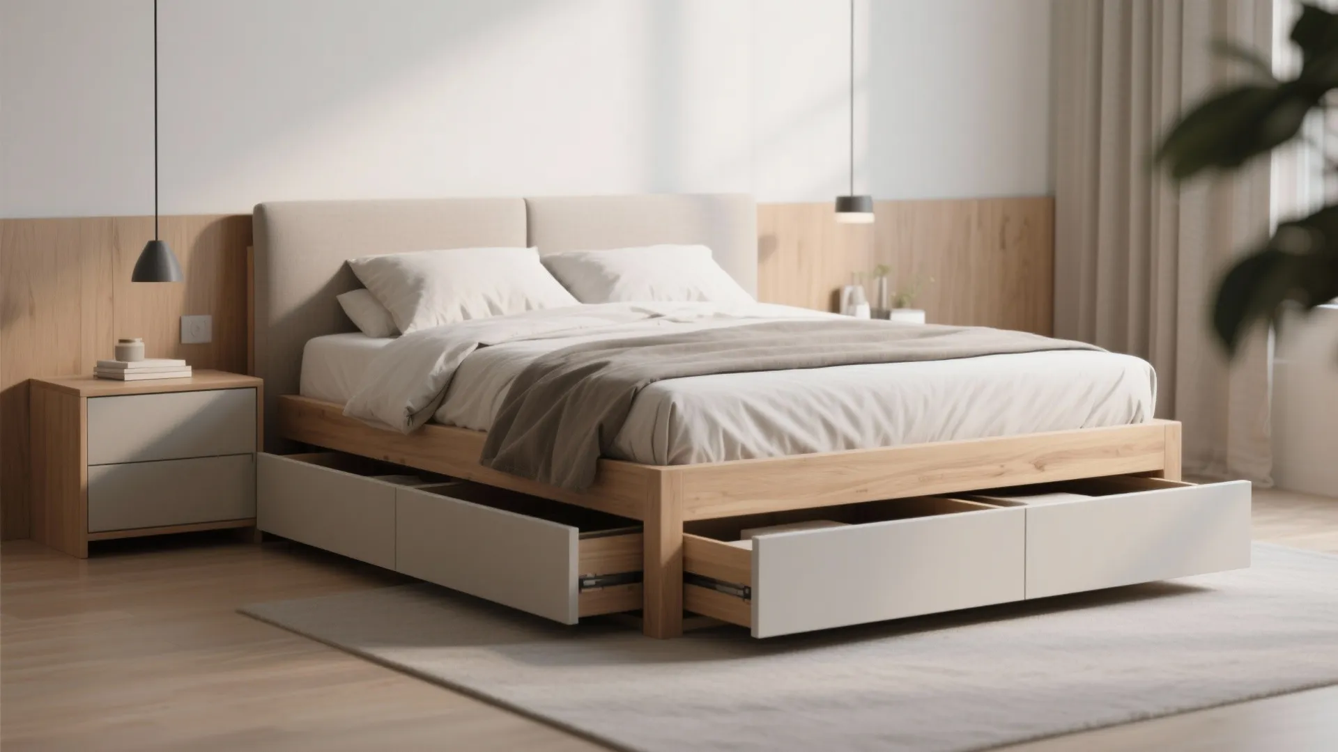 Modern wooden bed frame with open under bed storage drawers in a minimalist master bedroom