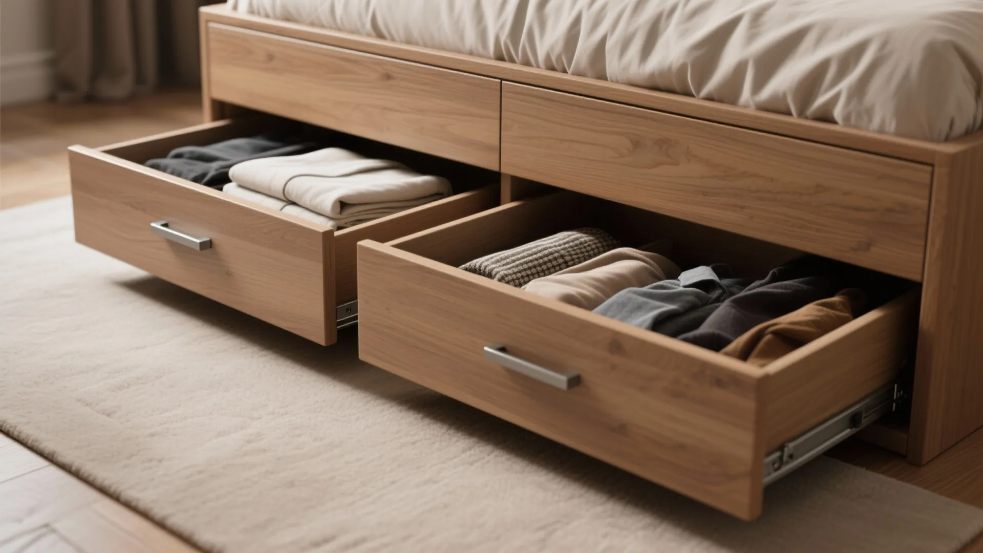 Wooden bed frame with open storage drawers containing folded clothes sitting on a soft rug