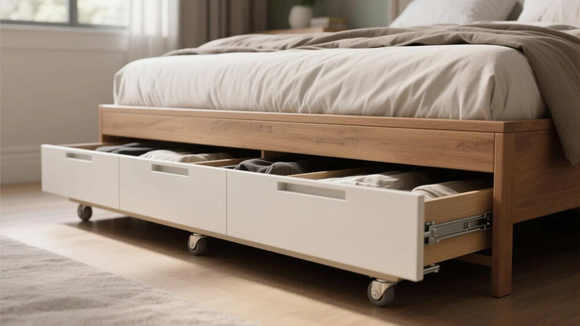 Wooden bed frame with white rolling storage drawers underneath containing folded clothes in a bedroom