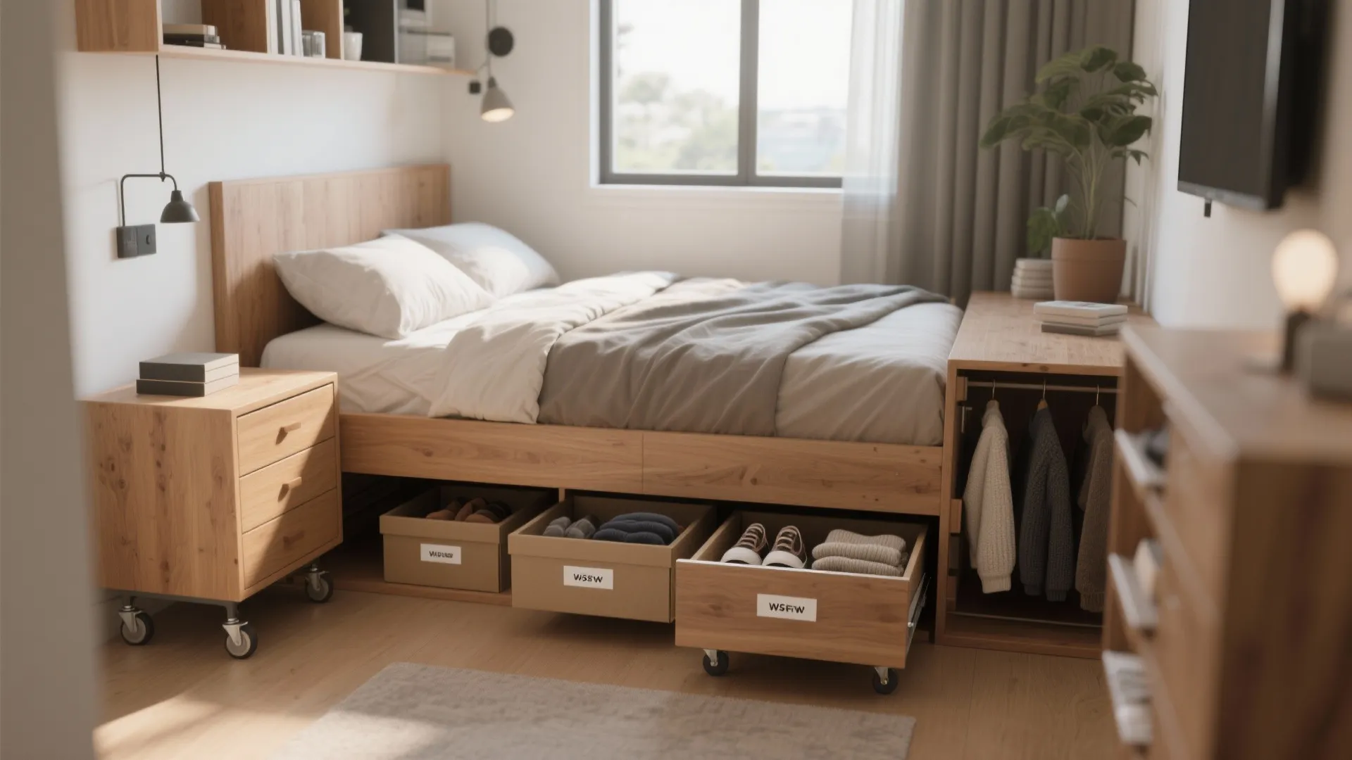 Wooden bed with three storage drawers underneath containing shoes and clothes in a bright room