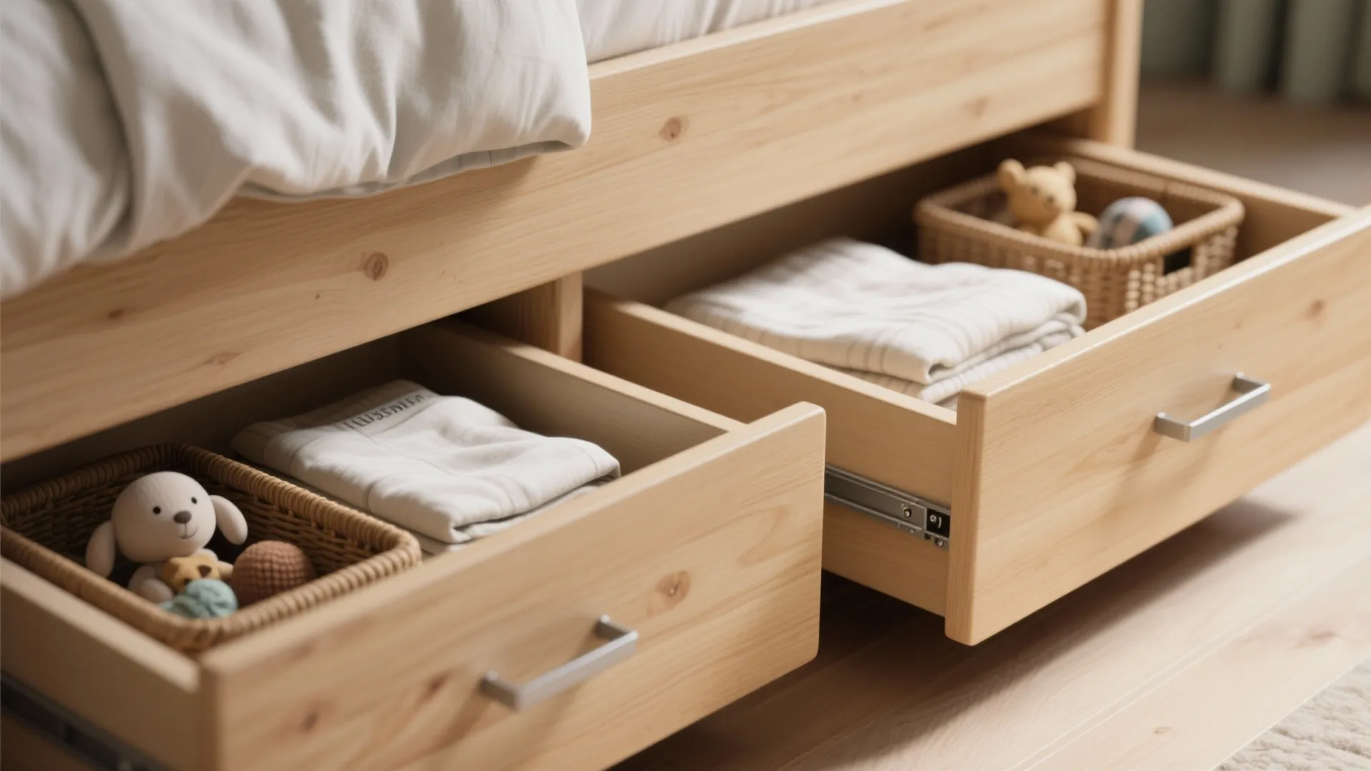 Two open wooden storage drawers under a bed frame containing folded clothes and small baskets