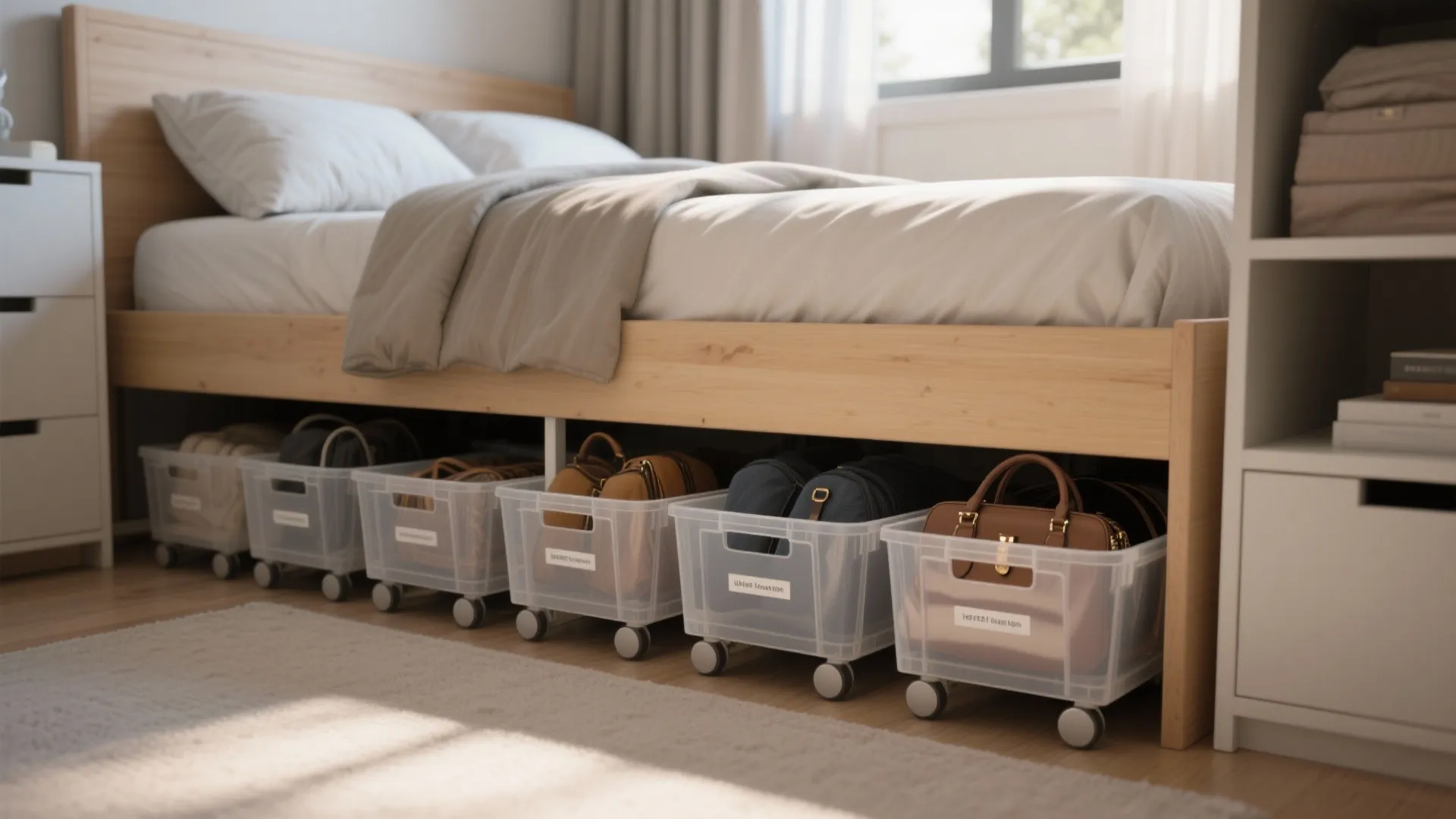 Clear plastic storage bins with wheels holding handbags organized neatly under a wooden bed frame